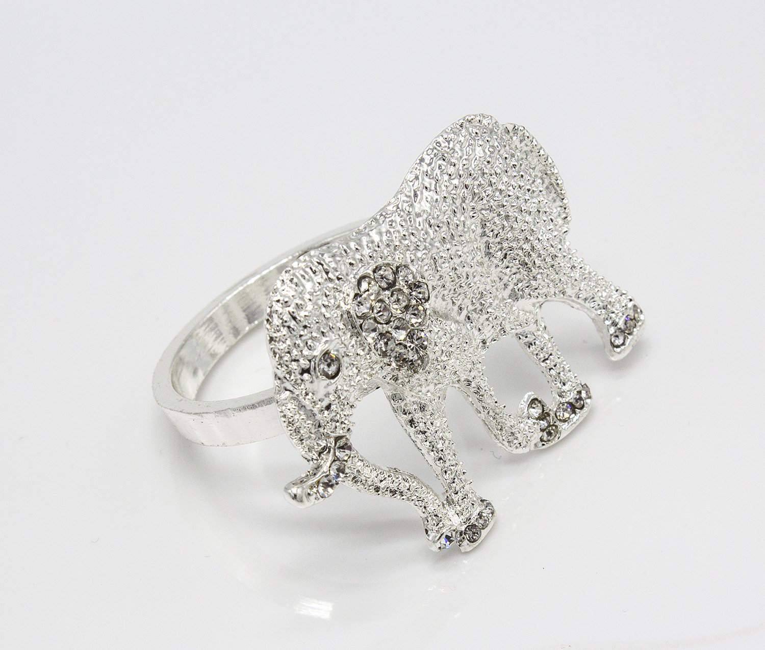 Fennco Styles Gorgeous Crystal Elephant Metal Napkin Rings, Set of 4 - Silver Animal Napkin Holders for Family Dinner, Holiday, Banquet, Wedding, Themed Event and Special Occasion