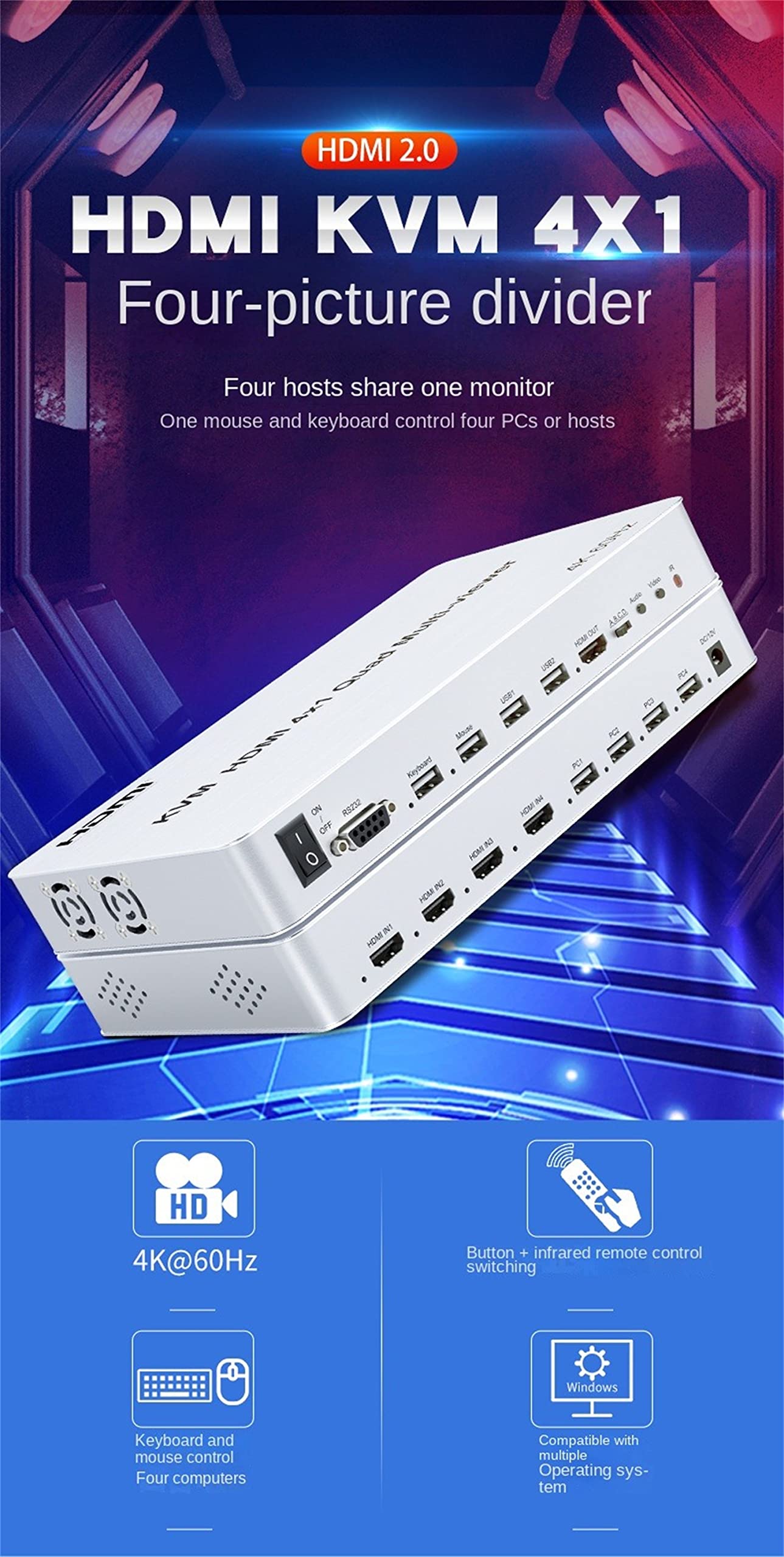 HDMI KVM Quad Splitter 4 x 1, 4K 60 Hz KVM Multi-Viewer 4X1 z bezszwową 4 w 1 HDMI Multi Viewer do klawiatury USB i myszy PC (4K 60 Hz)