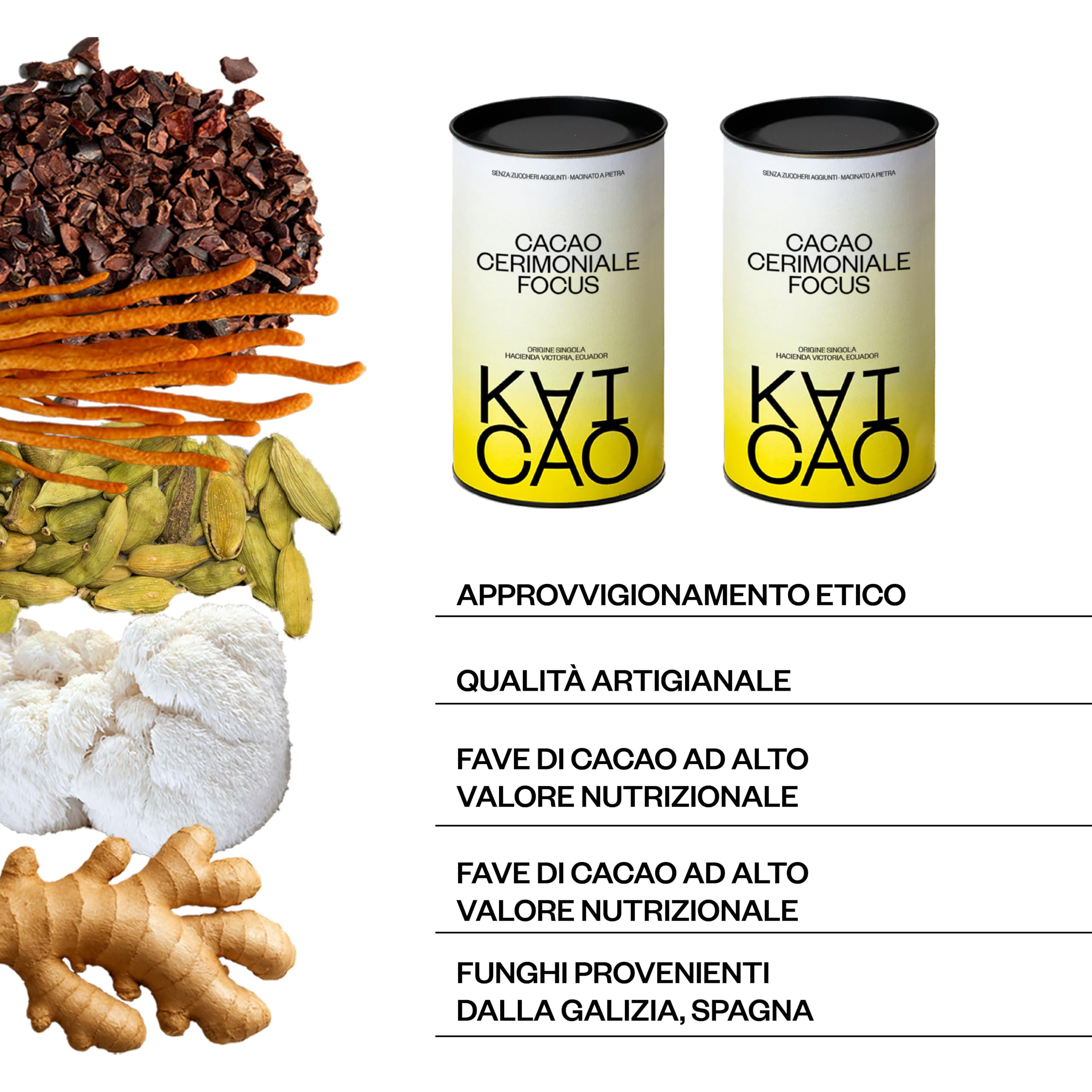 Kaicao Cacao Ceremoniale Focus con Melena di Leone, Cordyceps, Zenzero e Cardamomo - Cacao Puro in Polvere, Origine Ecuador - Senza Zucchero, Vegano, Senza Glutine, Dieta Keto - 200g