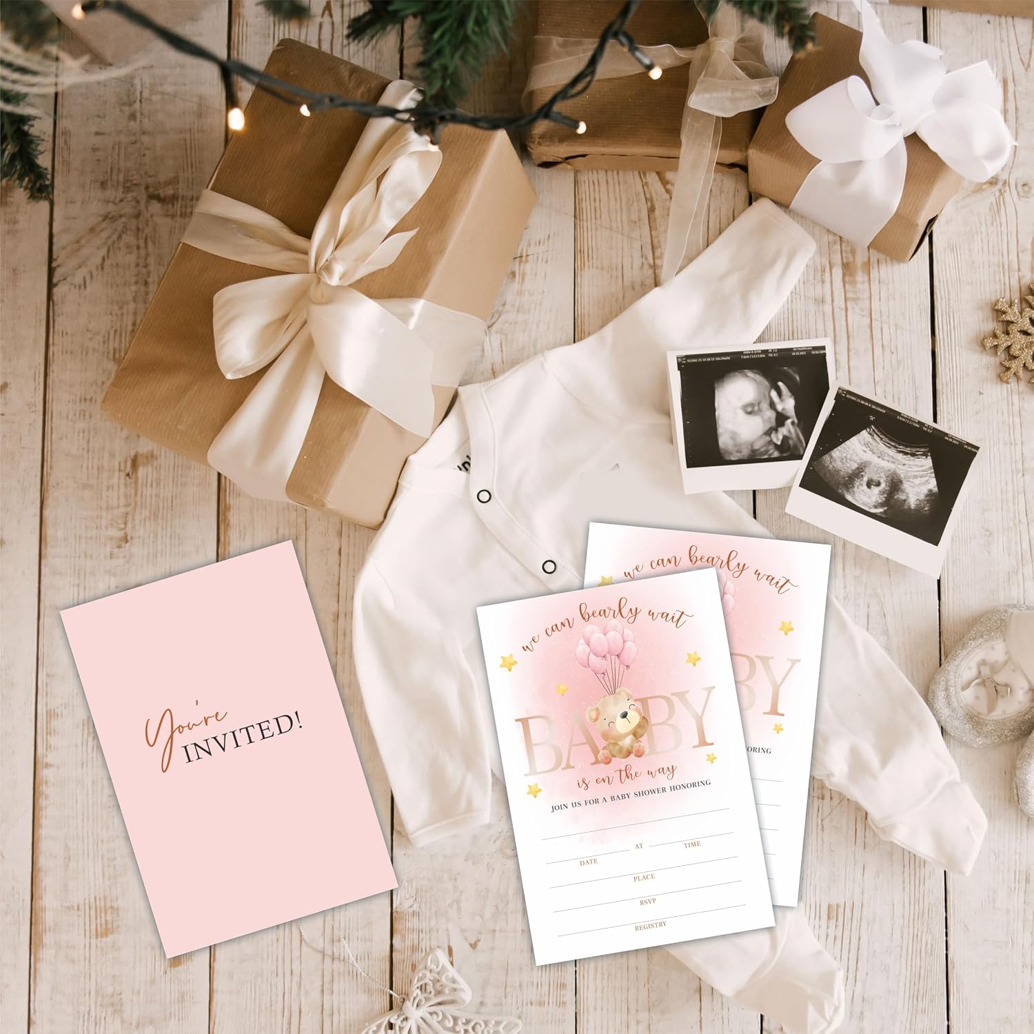 We Can Bearly Wait! 25 Baby Shower Invitations With Envelopes, Blush Bear & Balloons Double-sided fill in Baby Shower Invite Cards For Gender Reveal, Baby Announcement, Party Favor And Decorations-B16
