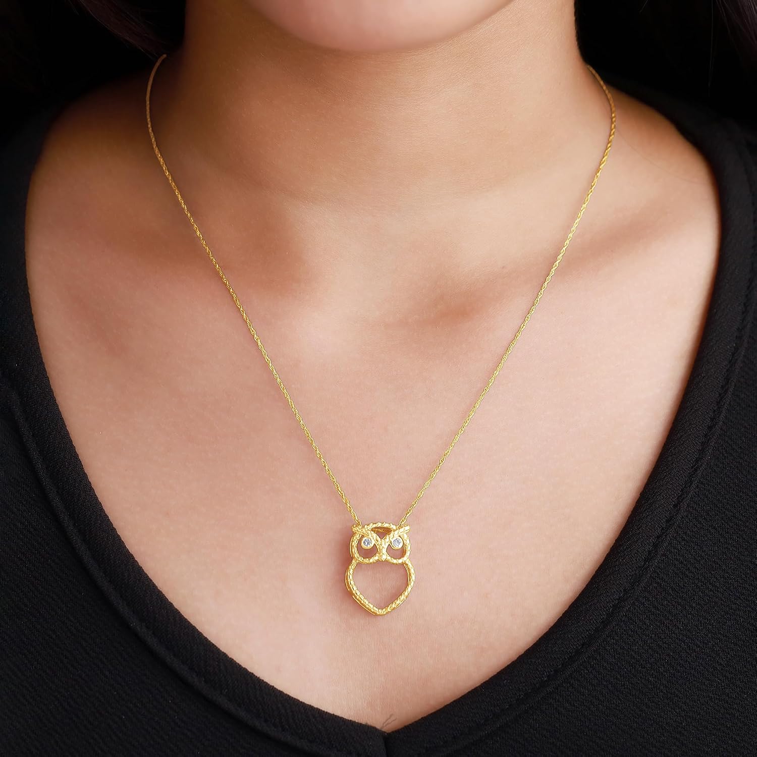 THE JEWEL ZONE Owl Pendant Necklace for Women, Round Cut Natural Diamond Accents in 14k Gold Over 925 Sterling Silver with 18" Rope Chain – Cute Animal Jewelry for Her