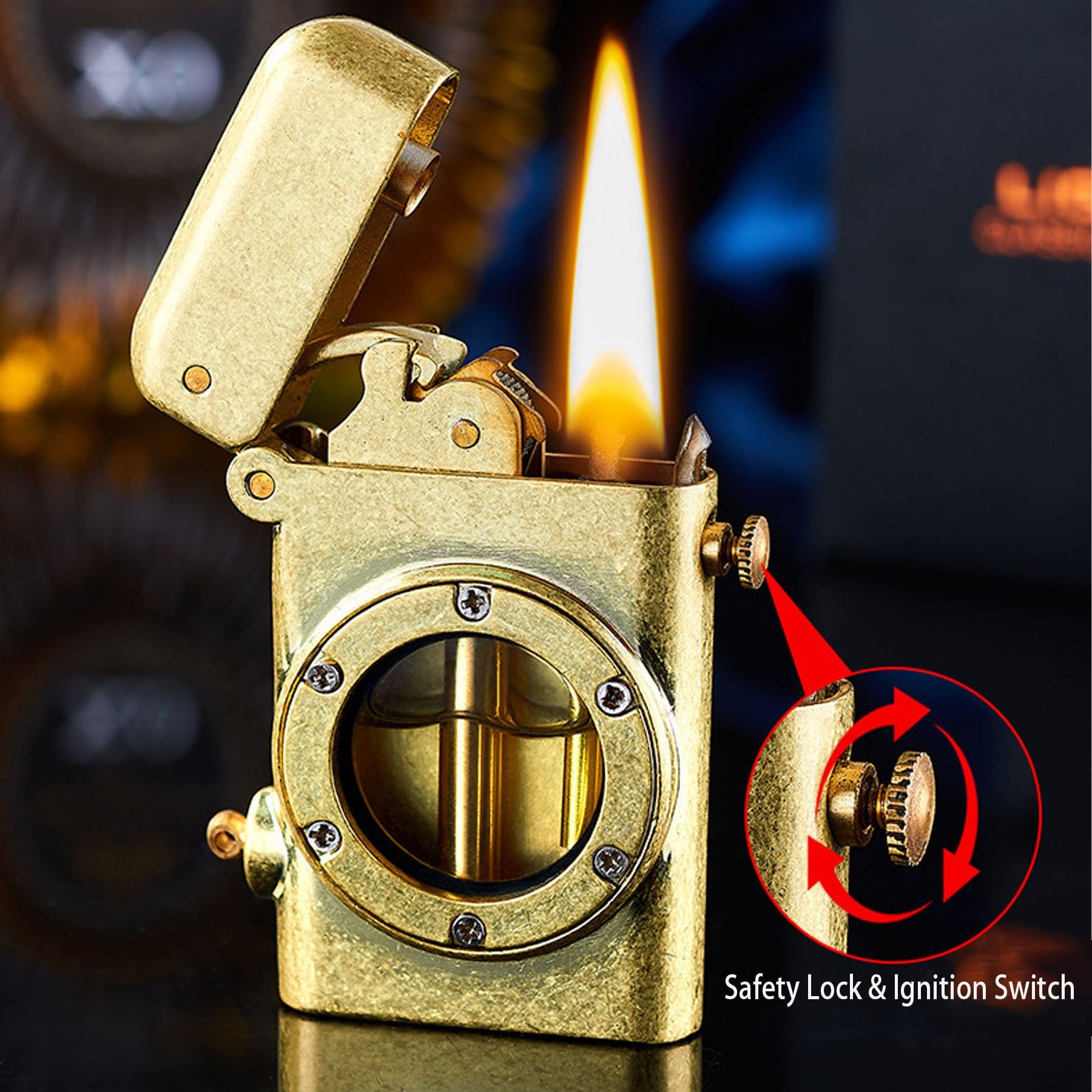 Encendedor de queroseno, diseño antiguo de latón con tanque de combustible visual, llama ajustable para barbacoa, camping y velas, perfecto para uso en exteriores