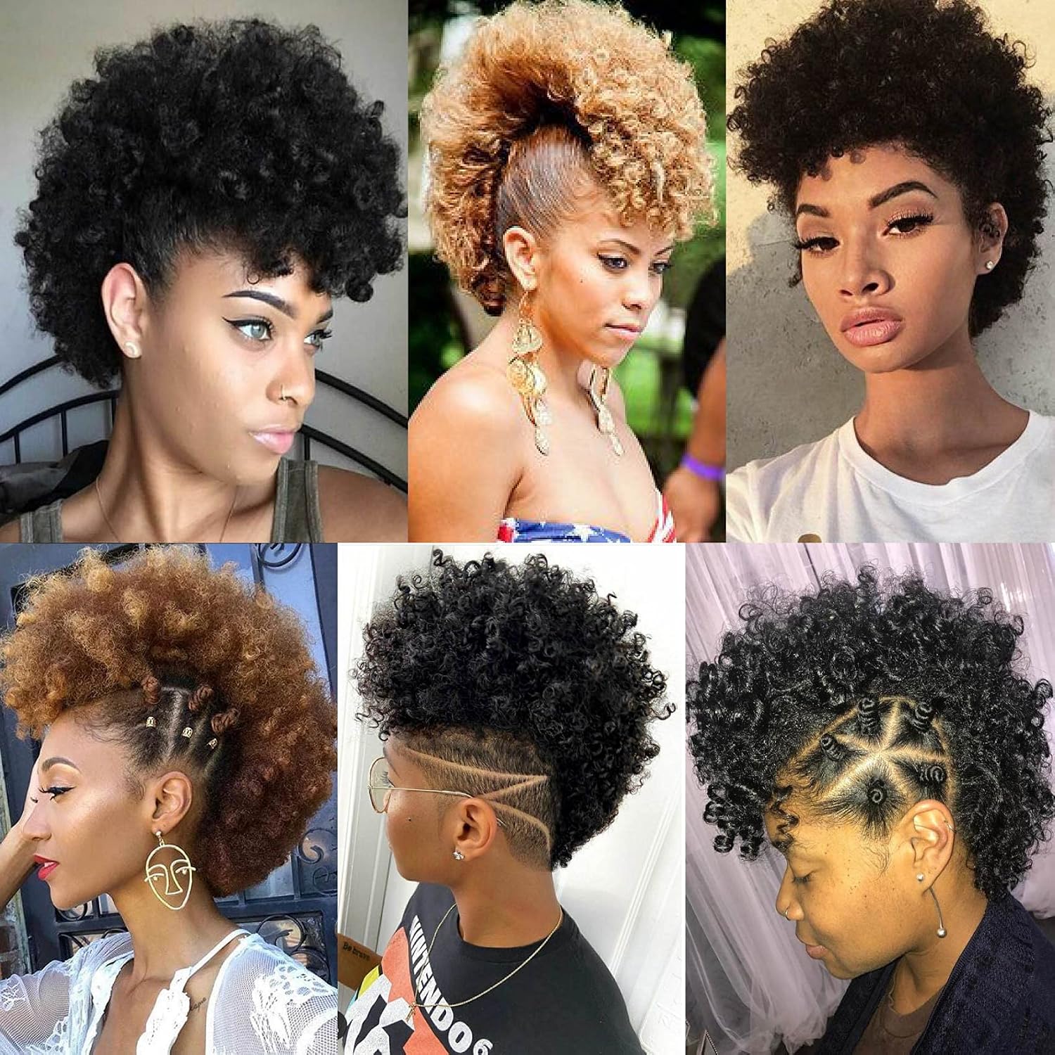 Afro Puff Mohawk Ponytail Jerry Curly Non Drawstring Ponytail Clip in Synthetic Fauxhawks Afro Puff Bun with Bangs Short Afro Kinky Curly Hair Bun Warp Hair Extensions with 6 BB Clips