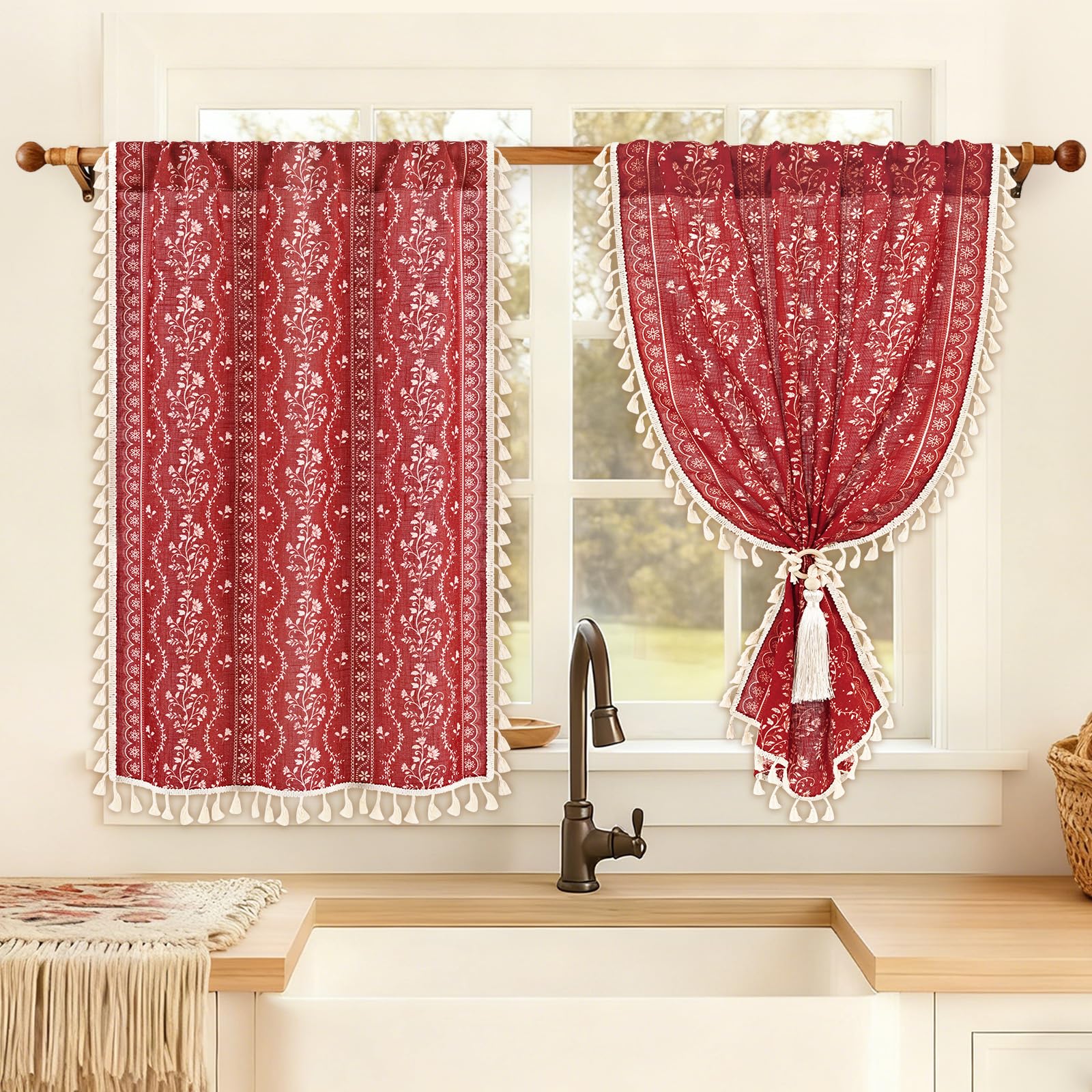 Yinhua Boho Kitchen Curtains 36 Inch Length Vintage Linen Cafe Curtains Light Filtering Bohemian Floral Tier Rod Pocket Farmhouse Rustic Tassel Small Drapes with Tiebacks, 2 Panels, Red