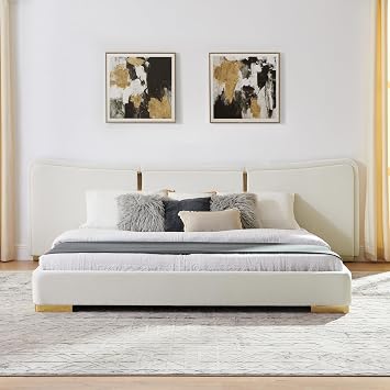 King Size Extra Large Platform Bed, Soft Chenille Fabric Frame, Curved Headboard, Reinforced Electroplated Metal Legs, Flexible DIY Side Space Design-Beige