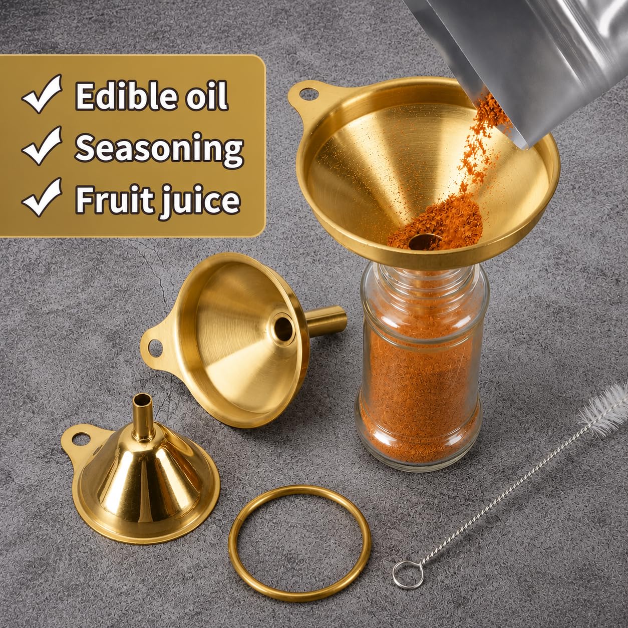 Snailhouse Small Funnels, 3 Pack Stainless Steel Mini Metal Food Funnel with Cleaning Brush Set for Filling Bottles Kitchen Use, Gold (1.78/2.16/2.95 in)