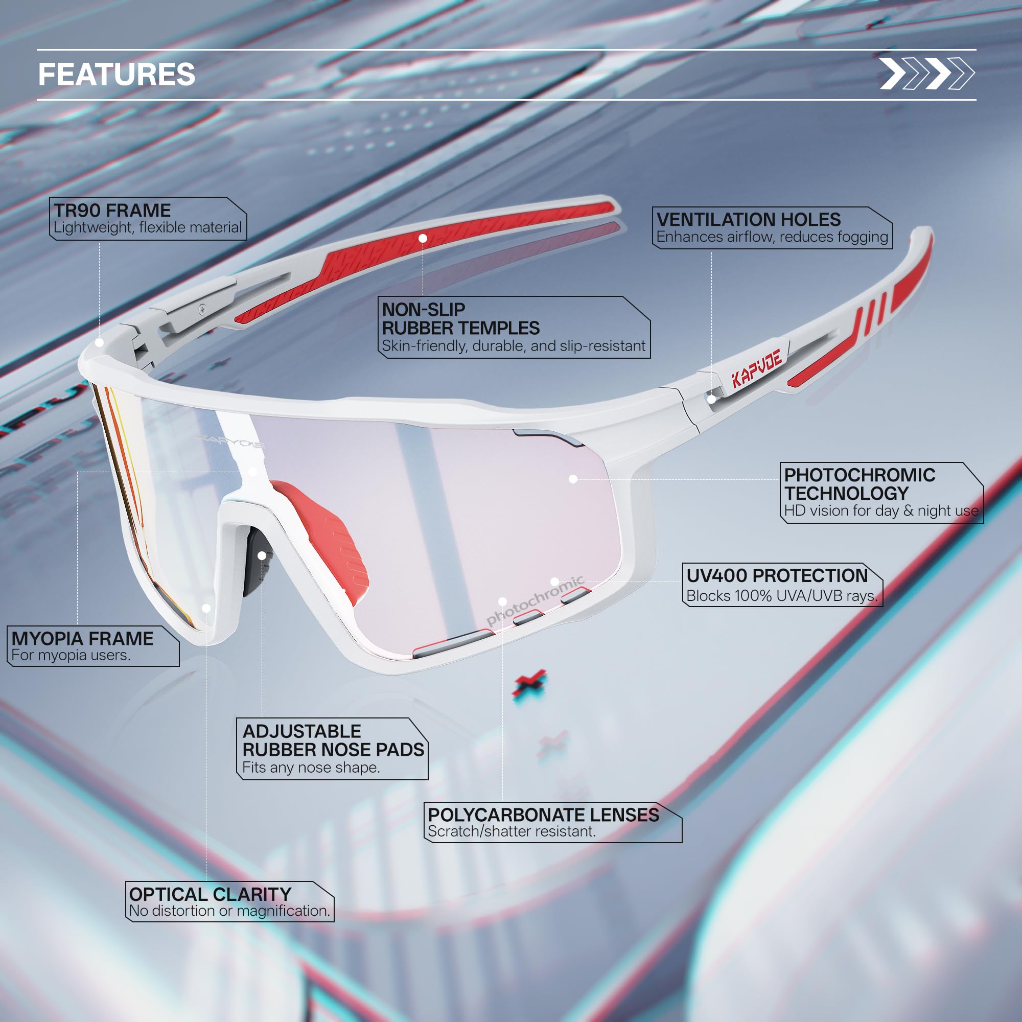 KAPVOE Gafas de Ciclismo Fotocromáticas UV400 Hombre Mujer K76 | Transparente a Negro fotocromática CAT.0-CAT.2, UV400, ventilación, almohadilla 3 posiciones