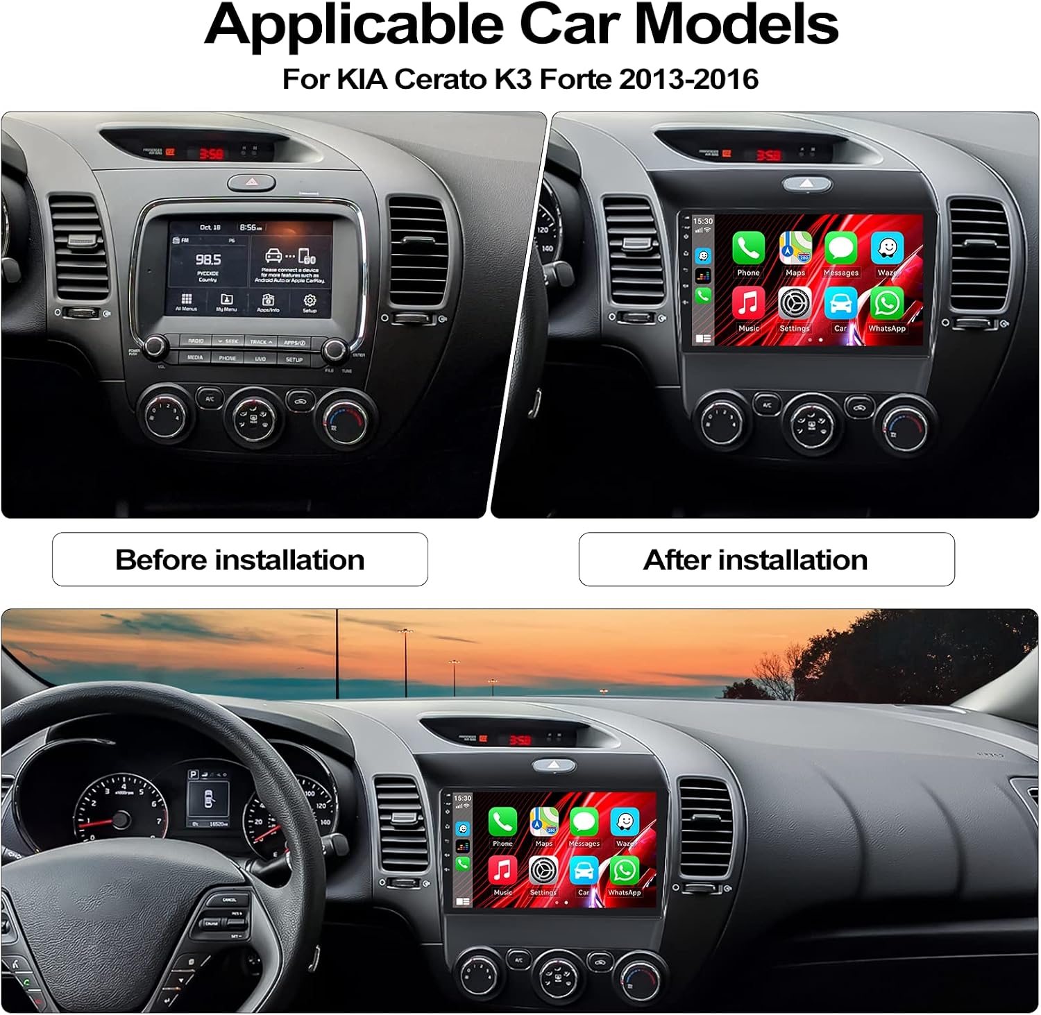 Before and after installation of the car stereo in a Kia Forte dashboard