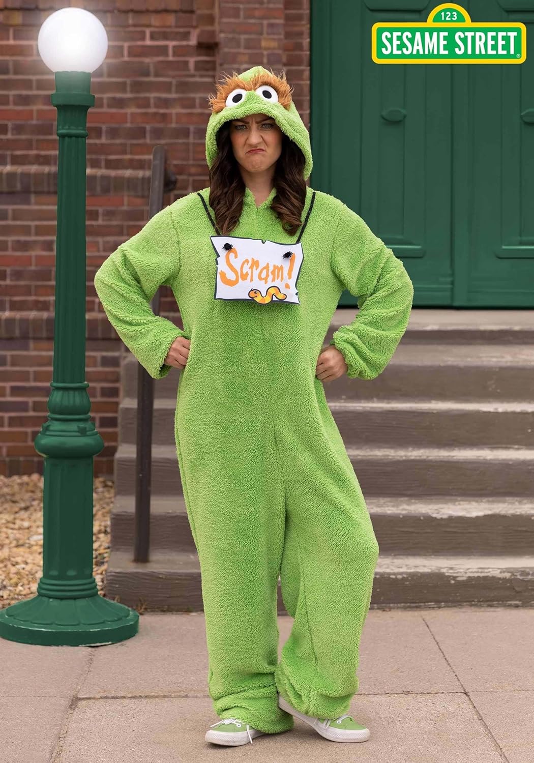 Adult Oscar the Grouch Costume Onesie | Sesame Street Jumpsuit with Hood | Officially Licensed - Image 2