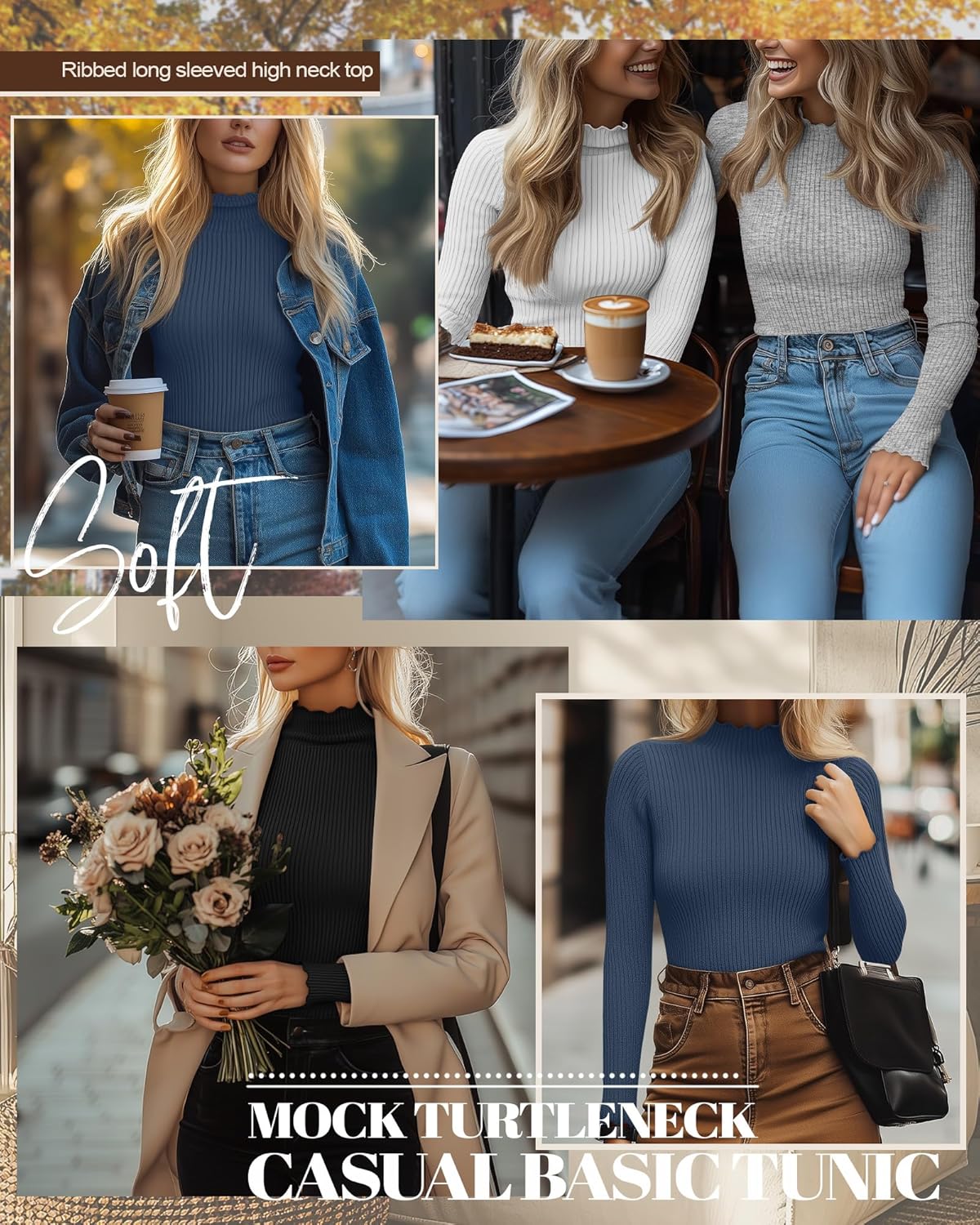 Neer 4 Pack Women's Mock Turtleneck Tops Cotton Long Sleeve Ribbed Lettuce Trim Shirts Slim Fit Casual Fall Basic Tees - Image 5