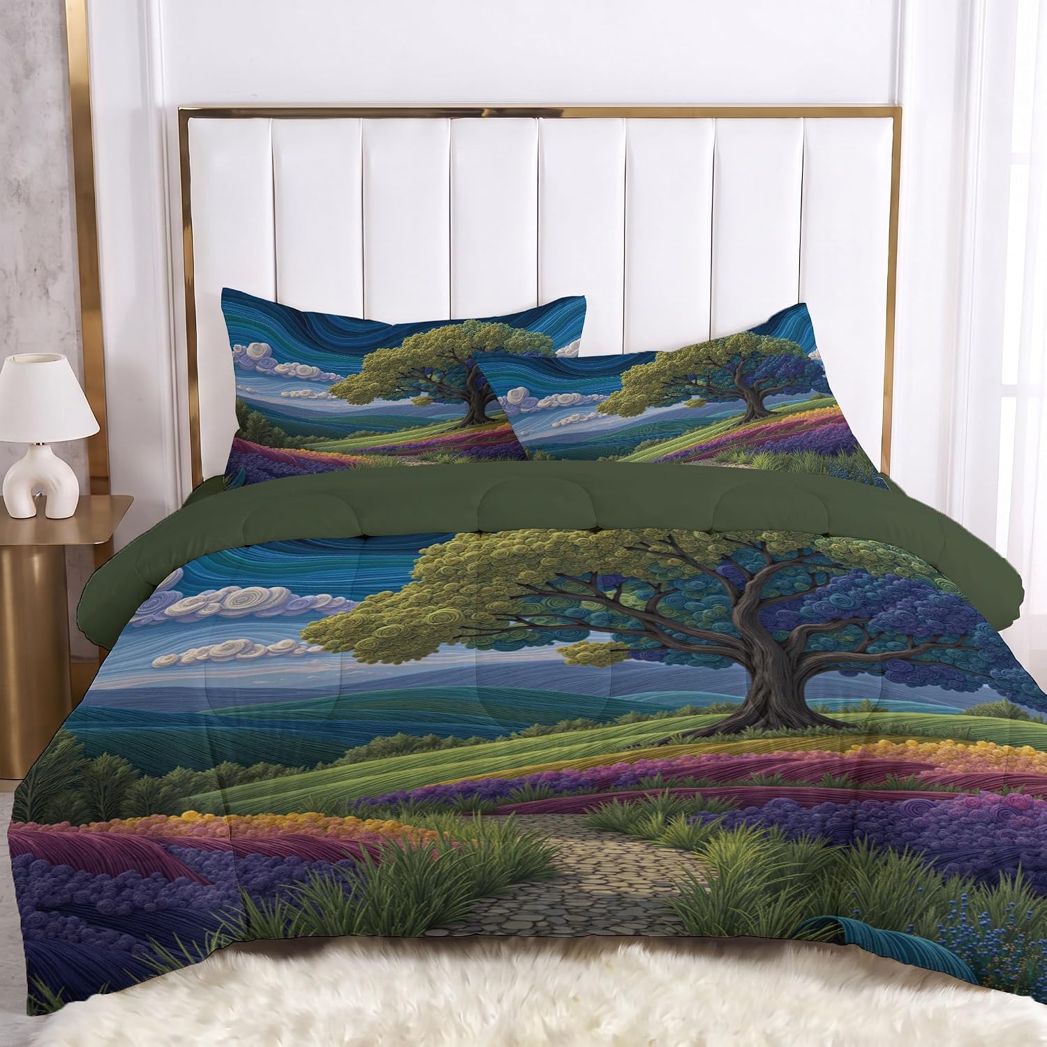 Illustration Art Comforter Set King Size, Spring Tree Flowers Bedding Set for Girls Boys, Green Quilt Bed 104"X90" Bedding Comforter Sets with 2 Pillowcase Room Decor