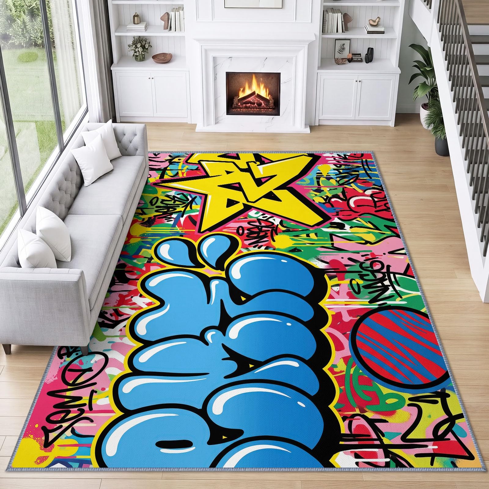 Générique Tapis Lavable Graffiti Lettre 120x170 cm, pour Salon Chambre Cuisine Salle à Manger Bureau Salle de Bain, Pop Art Funky Tapis Poils Courts, Antidérapant