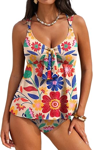 Aleumdr Women's Tankini Swimsuits Tummy Control Two Piece Bathing Suit V Neck Tie Front Flowy Swim Top with Bottom