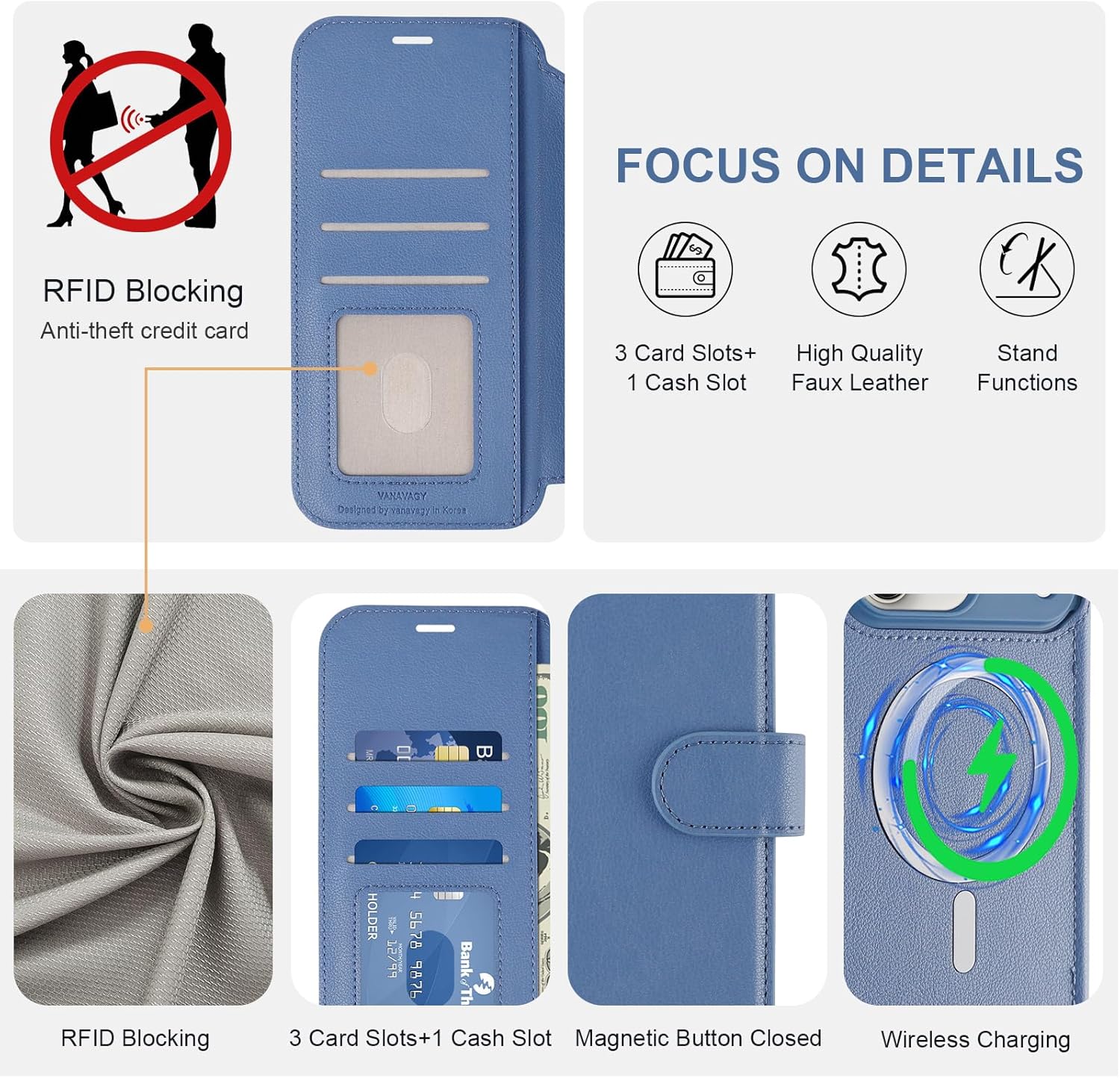 VANAVAGY Compatible for iPhone 17 Pro Max Wallet Case for Magsafe Wireless Charging, PU Leather Flip Folio Shockproof Phone Cover with Wrist Strap RFID Blocking Card Holder [Screen Protector],Blue