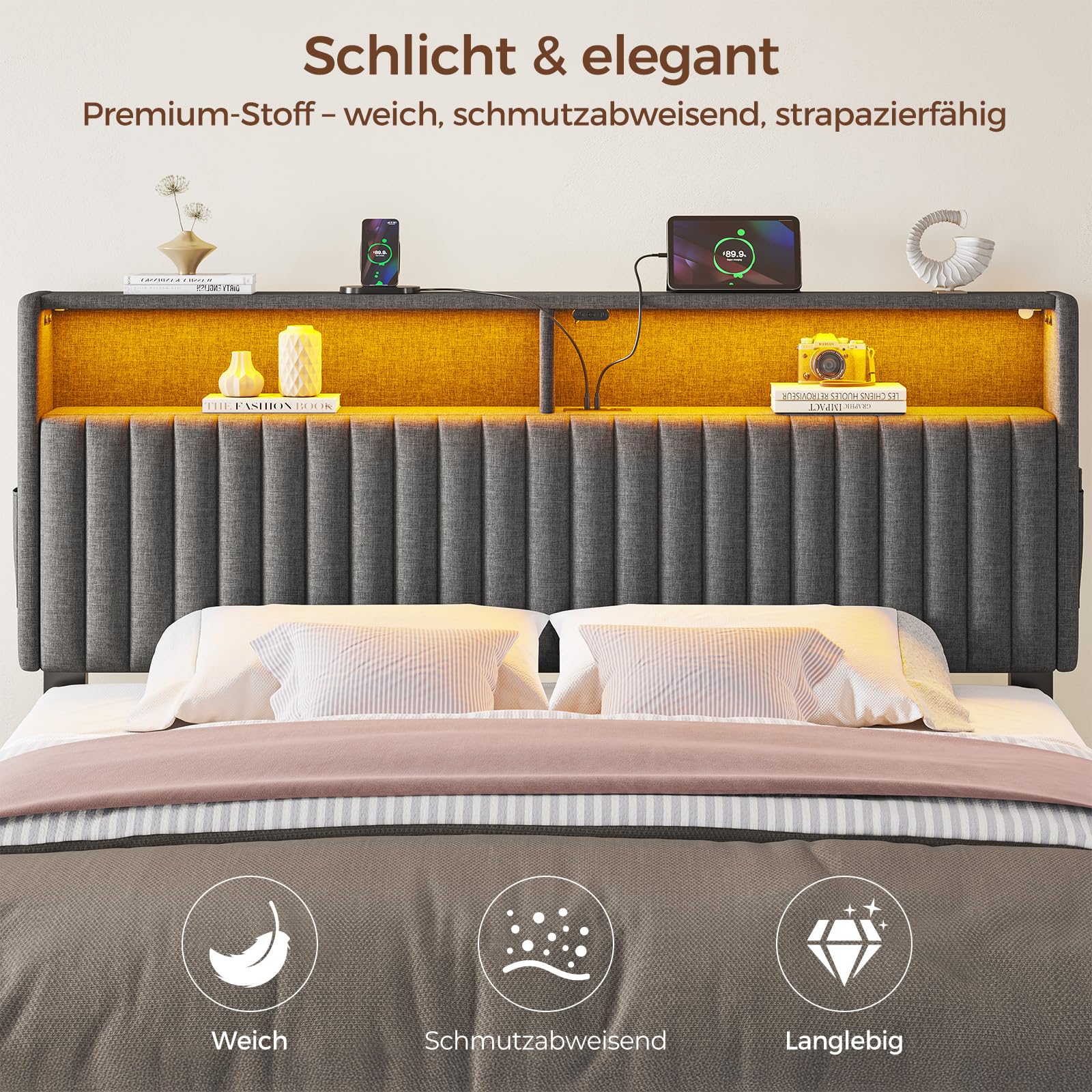 Seventable Bett 90x200 mit Ladestation, Metallbett mit Gepolstertem Kopfteil & LED, Bettgestell mit Zweischichtige Ablage, perfekt für Kinderzimmer, Jugendzimmer (grau)
