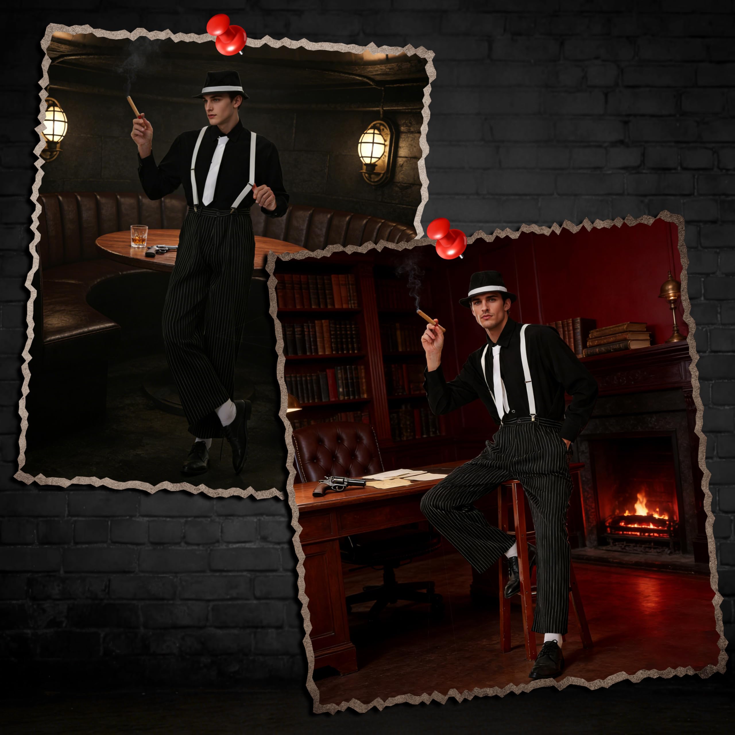 Charmofun Vestiti Anni 20 Uomo, Costume Gangster Uomo Anni ’20 con Camicia, Pantaloni, Bretelle e Cappello, Set di Accessori Mafia Vintage per Carnevale e Feste a Tema (Nero, L)