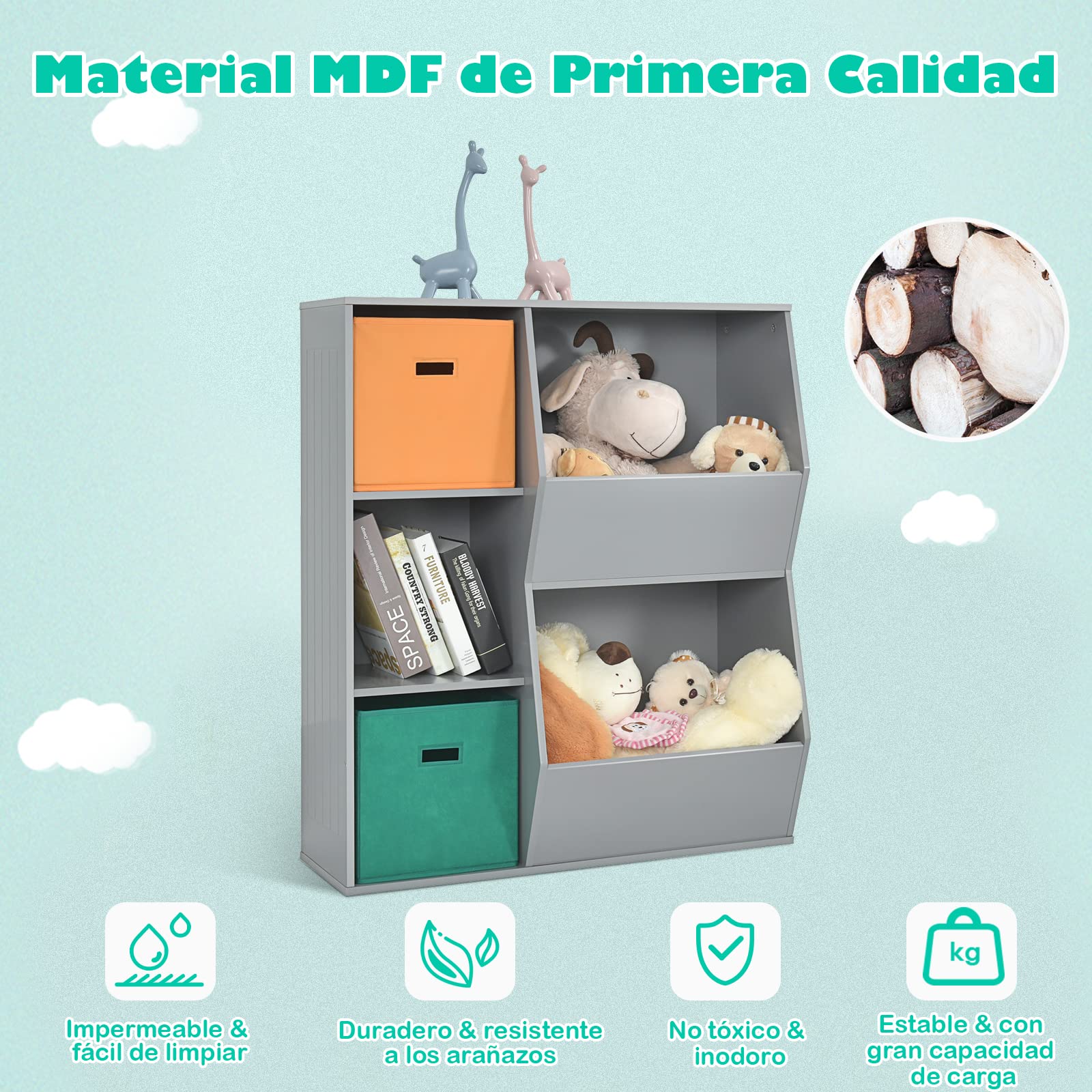 COSTWAY Estantería Infantil para Juguetes, Organizador de Juguetes, 3 Cubos y 2 Amplias Cajas Abiertas, Sala de Juegos de los Niños, Salón, 76 cm x 28 cm x 94 cm (Gris)