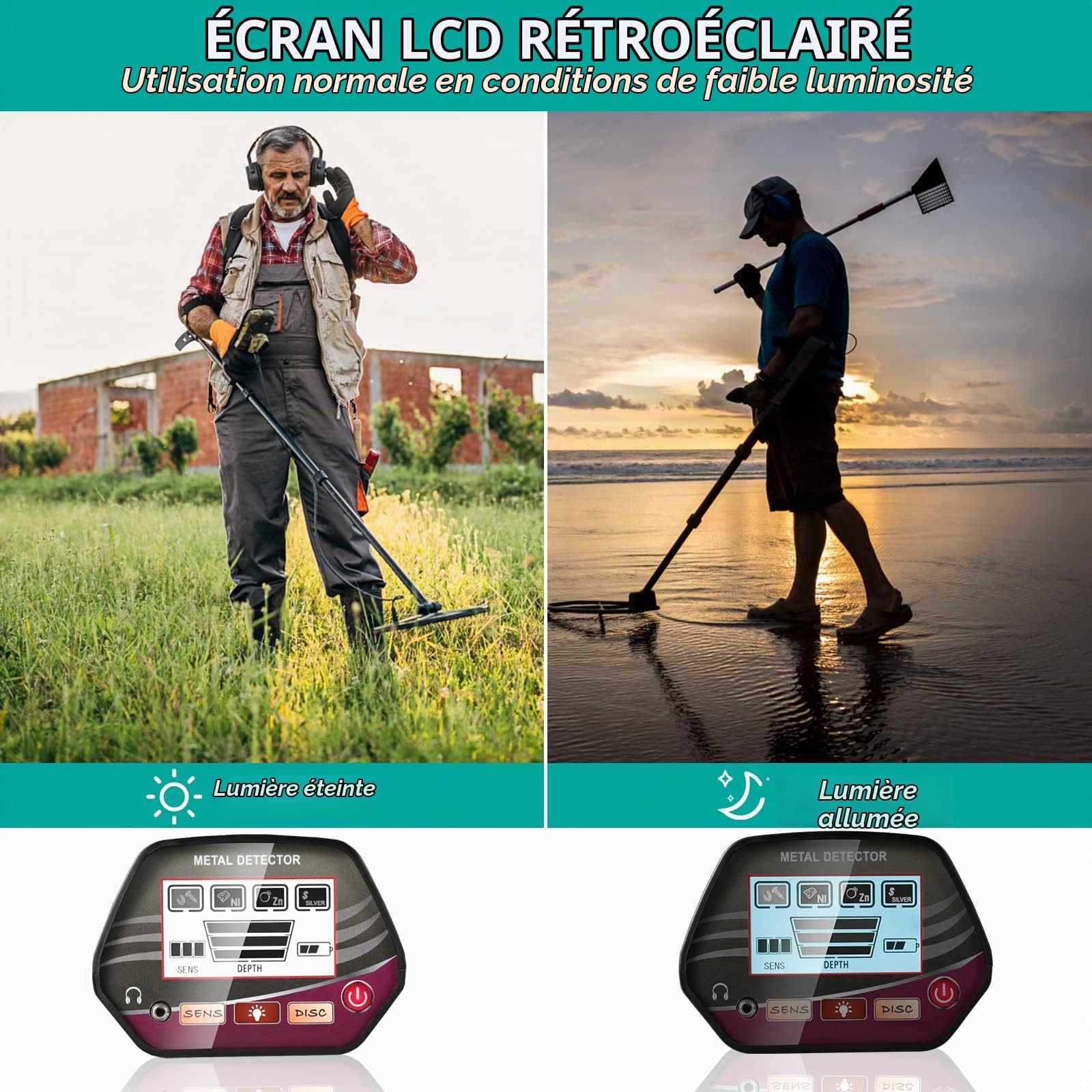 Détecteurs de Métaux Réglable Haute Précision Étanche 33-43 Pouces Détecteur de Métaux avec Affichage LCD pour Enfants et Adultes Détecteur d'or Profondeur de Détection 34 cm