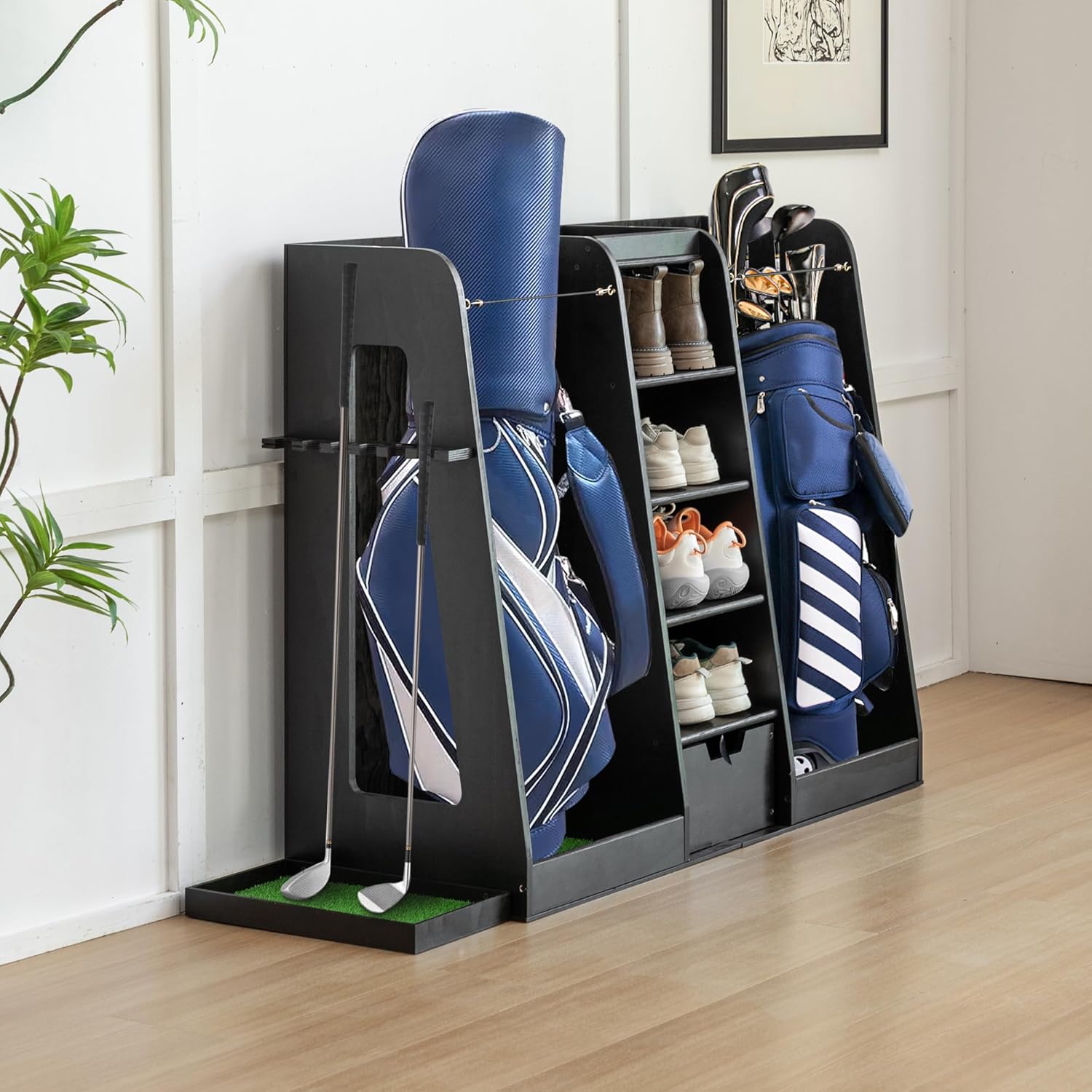 Golf Bag Organizer Storage Rack Stand Holder Fits 2-3 Extra Large Golf Club Bags and Multiple Golfing Equipment Accessories for Garage Home Simulator and Office