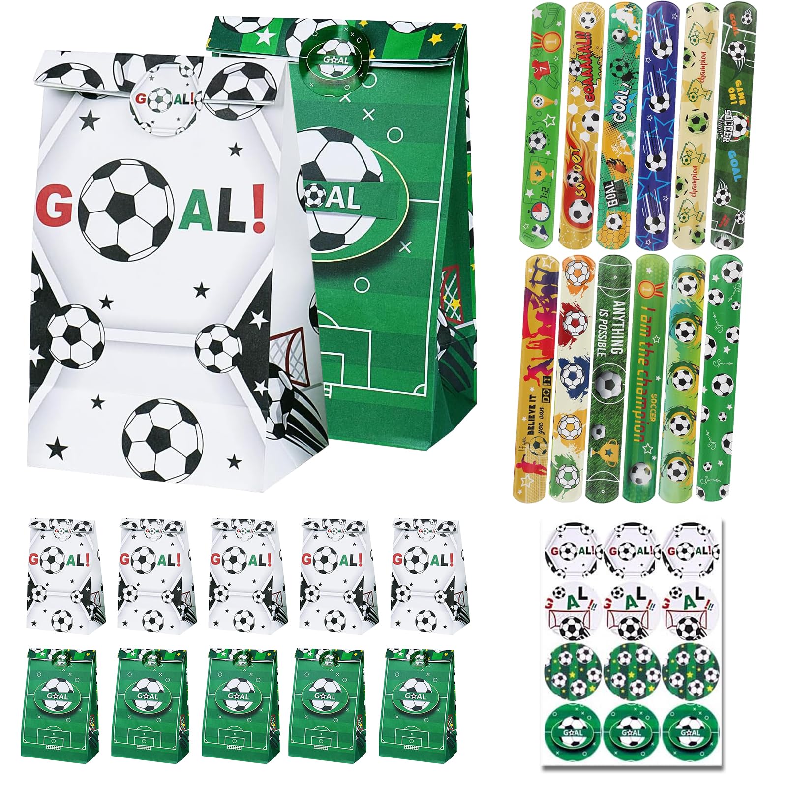 12 Pieces Soccer Party Favor Set, Portable Kraft Football Bags With Stickers, Birthday Decoration Goodie Bag, 12 Wristbands for Sports Themed Candy Snack