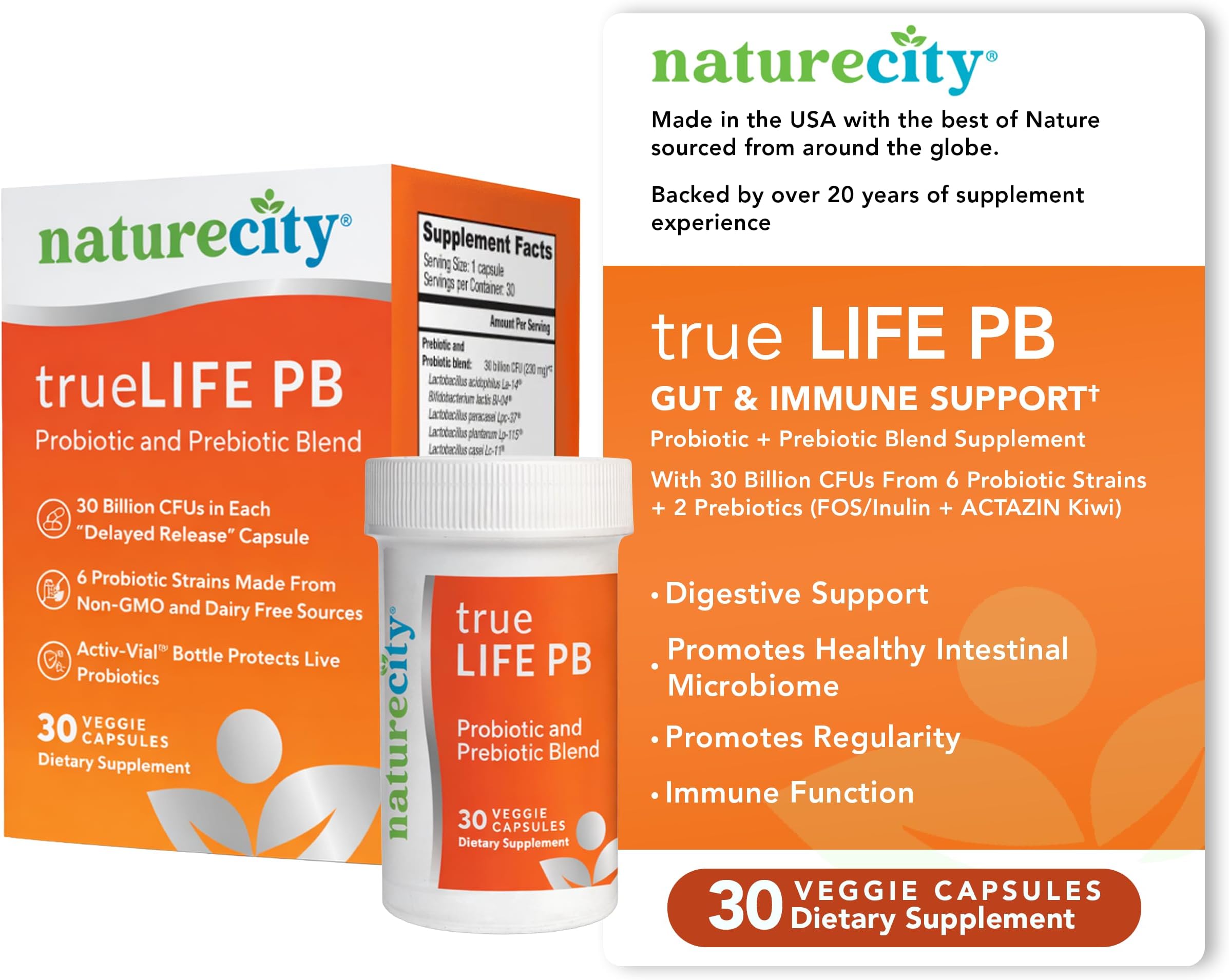 - NatureCity True-Life-PB Shelf Stable Blend Prebiotics and Probiotics for Women and Men - Digestive Gut Health Supplements for Women and Men - Dairy Free - (30 Veggie Capsules)