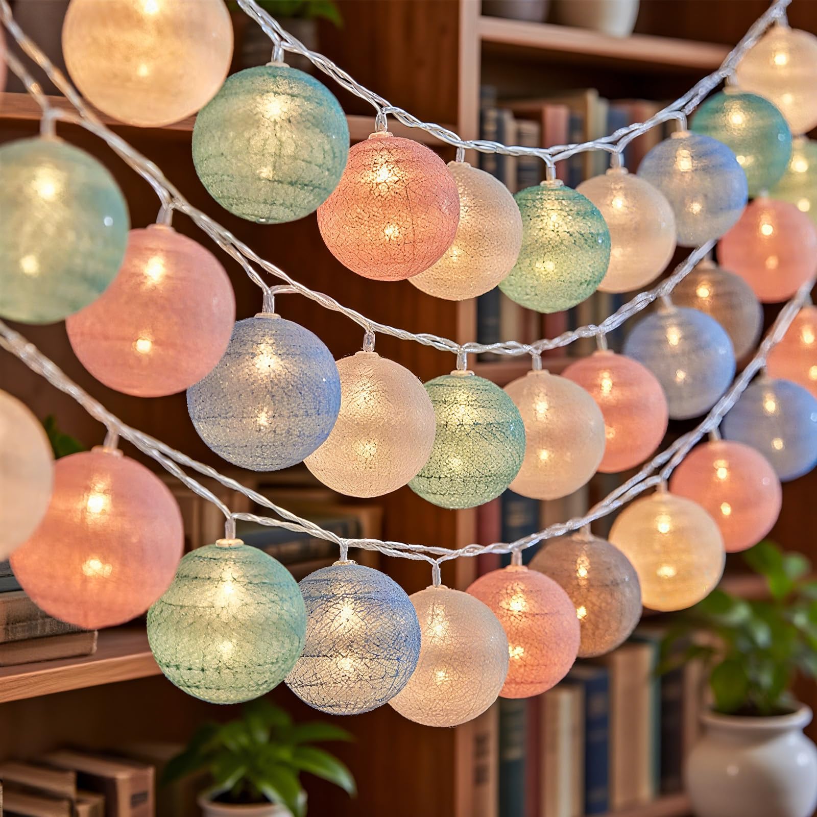 Baumwollkugeln Lichterkette Batterie,1,5M 10 LED Lichterkette Baumwollkugeln,4cm Macaron Cotton Balls Lichterketten Innen Außen, Lichterketten Batteriebetrieben für Weihnachten, Kinderzimmer, Hochzeit