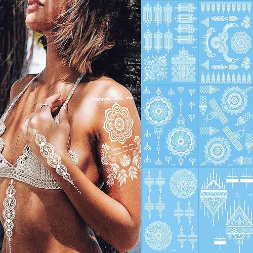 Tatuajes de henna, tatuajes temporales de henna, calcomanías de tatuaje impermeables blancas para mujeres, bodas, fiestas, festivales y proveedores