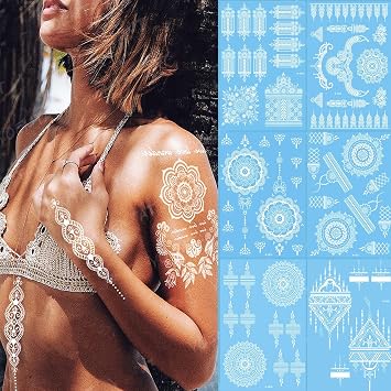 Henna Tattoos, Henna Temporary Tattoos White Waterproof Tattoo stickers for Women Wedding Party Festivals, Parties Decoration Suppliers 6Sheets...