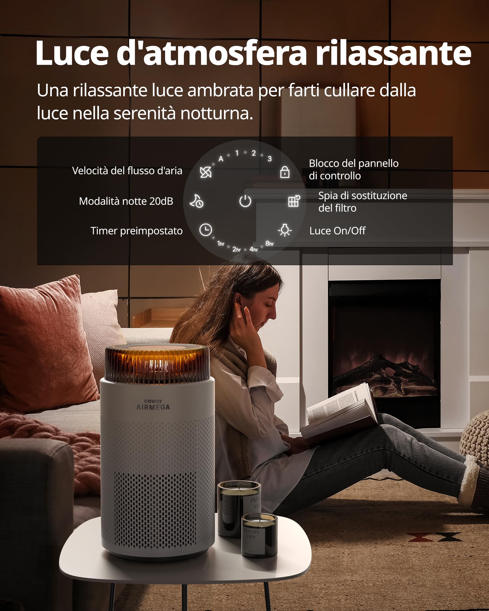 COWAY Air Purifier for Bedroom, Ultra-Quiet 20dB, HyperCaptive System, Removes 99.999% of Particles up to 0.01 Microns, CADR 244m³/h, Ideal for Allergies and Pollen – AIRMEGA 100