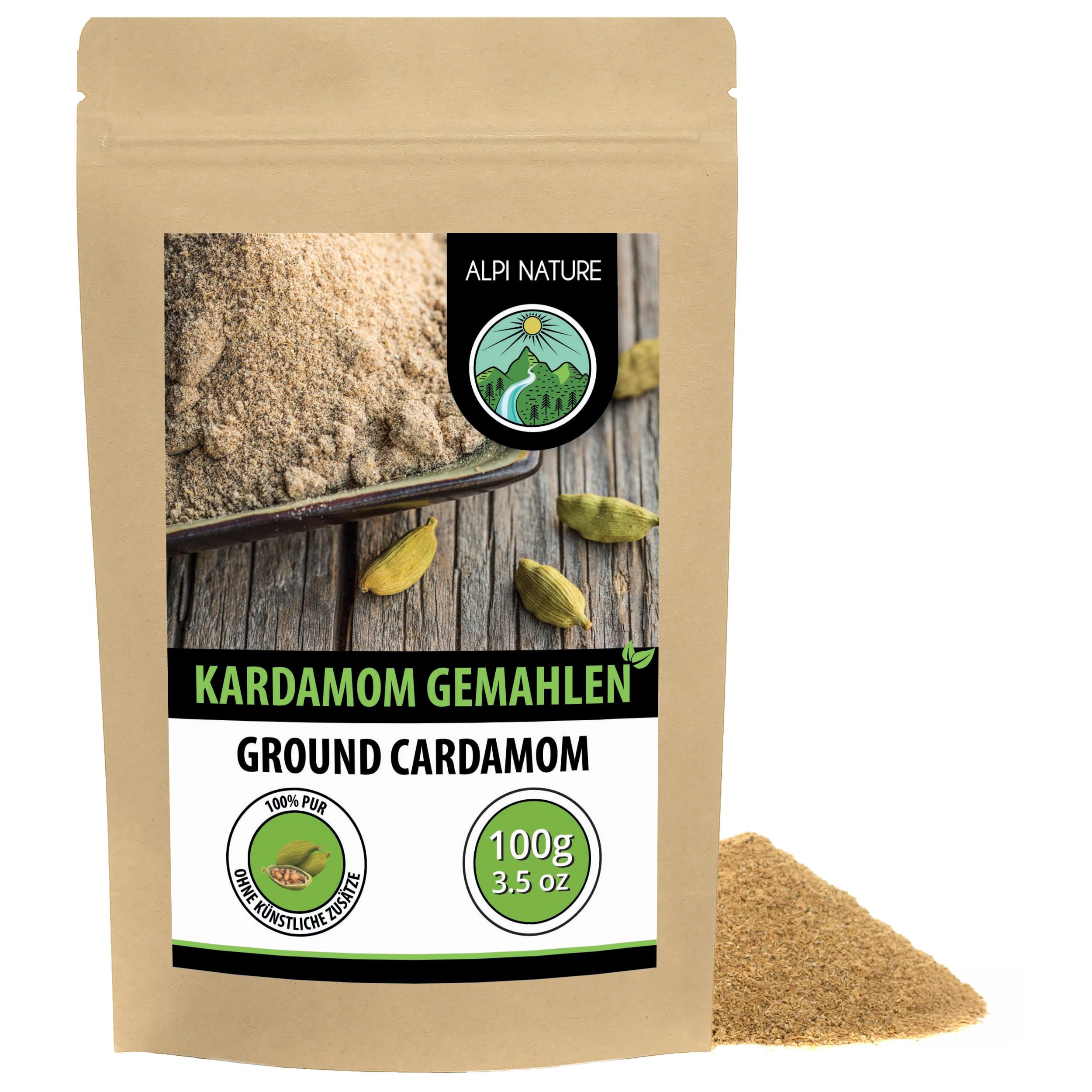 Alpi Nature Kardamom gemahlen 100g, Kardamomkapseln gemahlen, Kardamom Samen Pulver, Cardamon Pulver