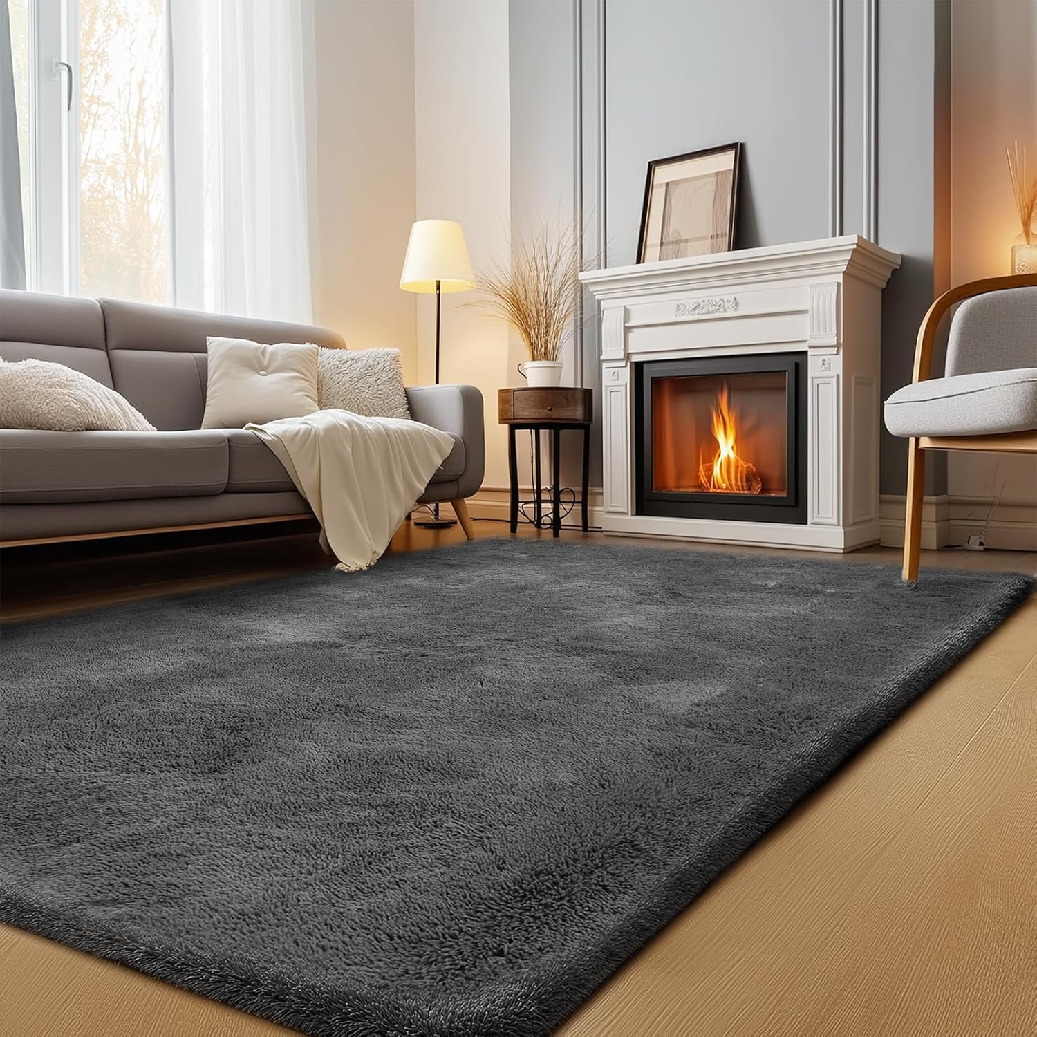 Fluffy Area Rugs for Bedroom, 5.3x7.5 Indoor Plush Shaggy Rugs for Living Room, Anti-Slip Fuzzy Shag Rugs for Nursery Dorm Room Decor, Grey Grey 5'4" x 7'6" (Rectangular)