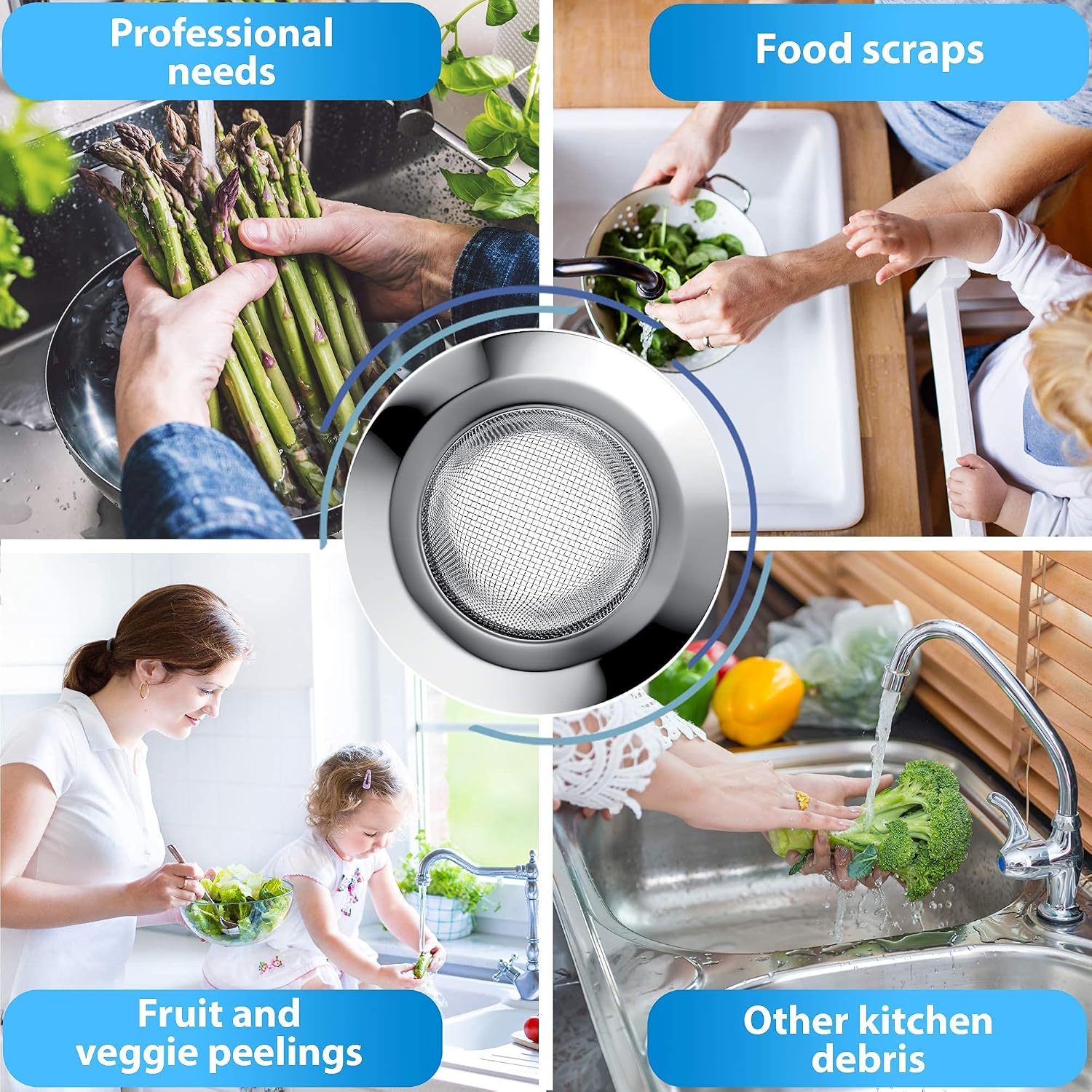 Kitchen Sink Strainer - Stainless Steel, Large Wide Rim 4.5", Anti Clogging, Wire Mesh Sink Strainers - Deep Basket, Quick Outflow, Effective Catching Debris (2-Pack)