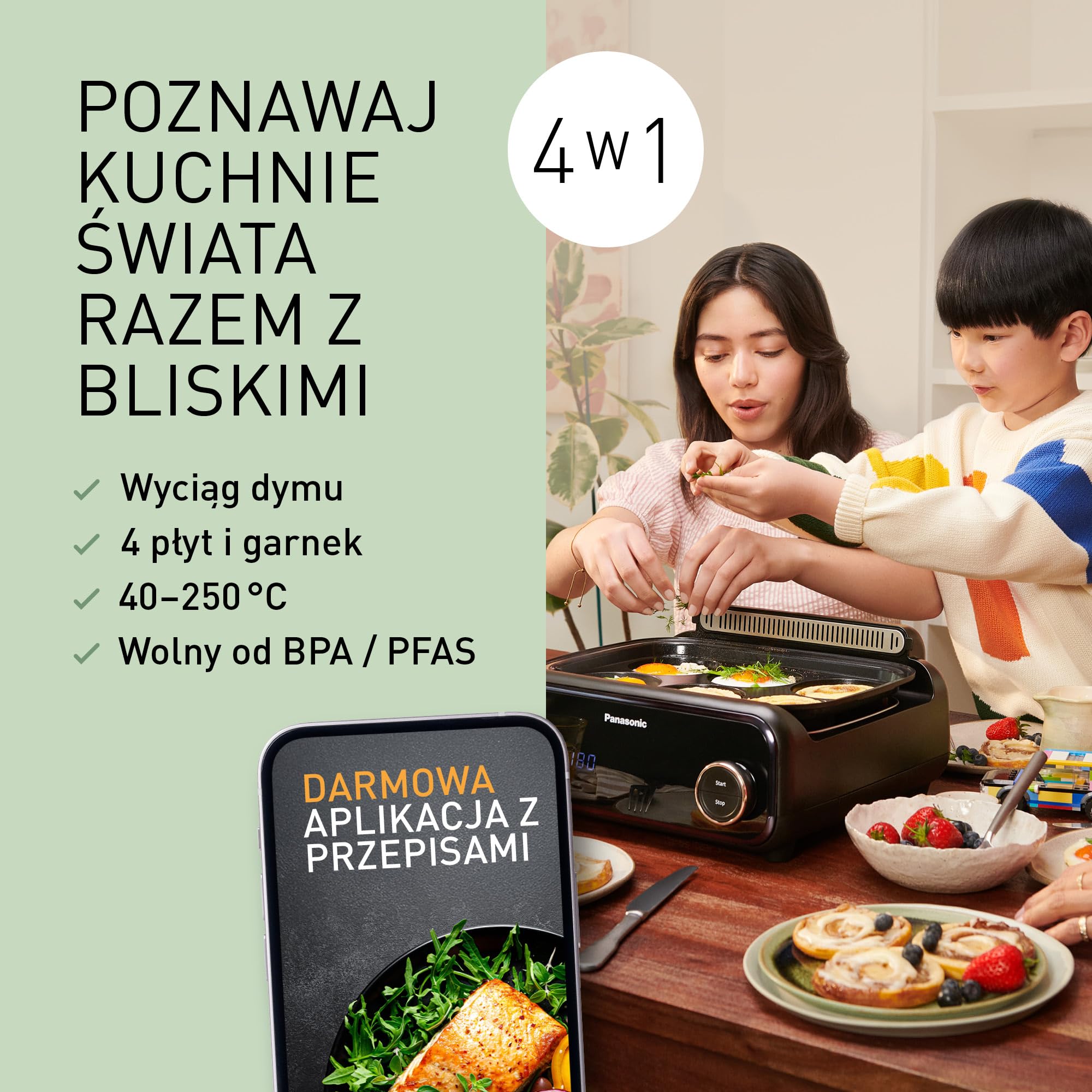 Panasonic NF-GM400KXE Garnek Elektryczny Multicooker 4 w 1, 1400 W, 40-250°C, 9 trybów automatycznych, 4 płyt,system odprowadzania dymu,tace nadające się do mycia w zmywarce, przewód 2.5 m, czarny
