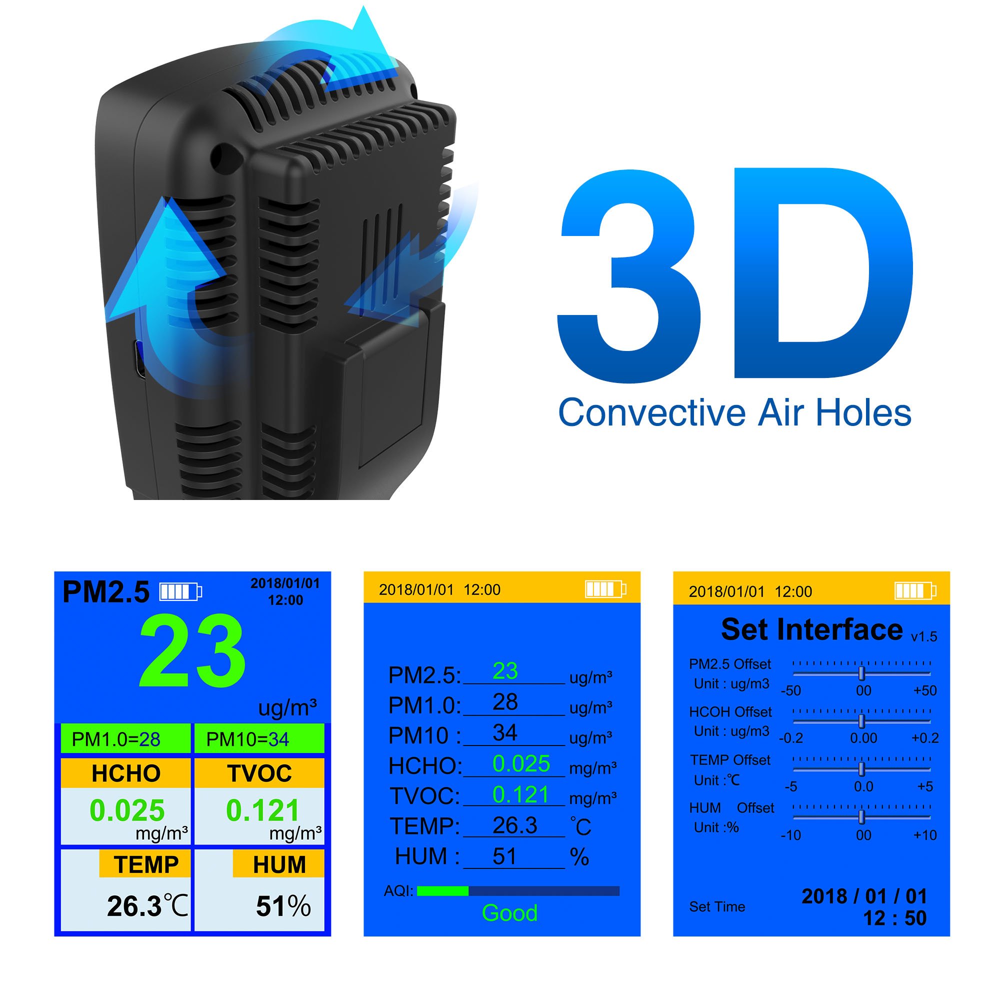 Moniteur de Qualité de l'air LifeBasis 8 en 1 PM2.5 / PM1.0 / PM10 / HCHO/TVOC/AQI/Temp/HUM Détecteur Air Quality Monitor Portable pour Chambres, Bureaux et Autres Lieux
