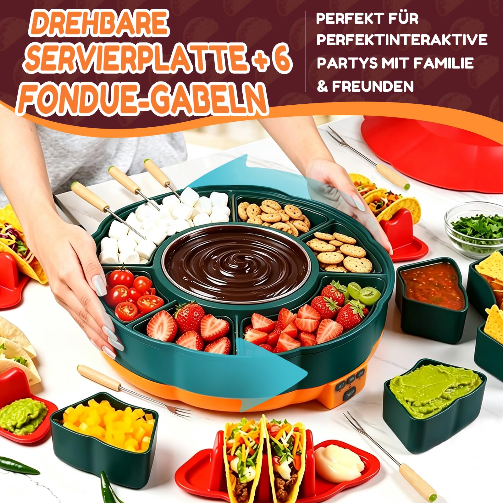 Schokofondue Elektrisch-Set 1000 ml mit 3 Temperaturniveaus 6 Fondue-Gabeln