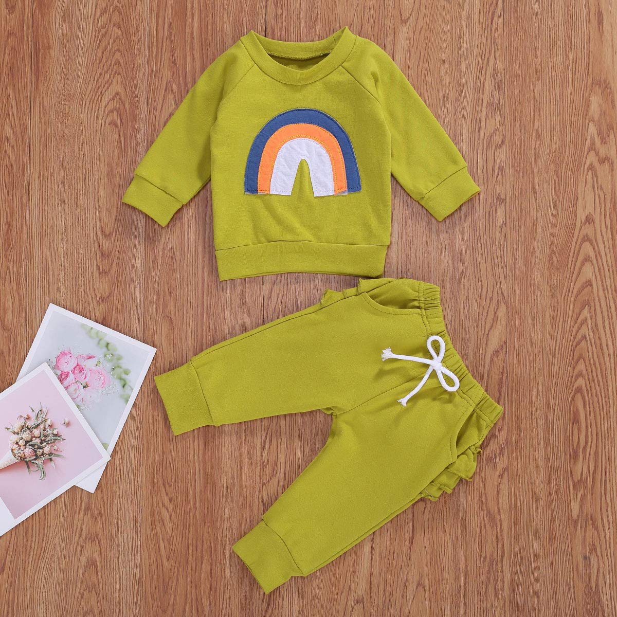 Yccutest Newborn Baby Girl Clothes Long Sleeve Round Neck Top + Long Pants 2Pcs Bodysuit Toddler Girl Fall Outfits (B-Light Green, 0-6 Months)