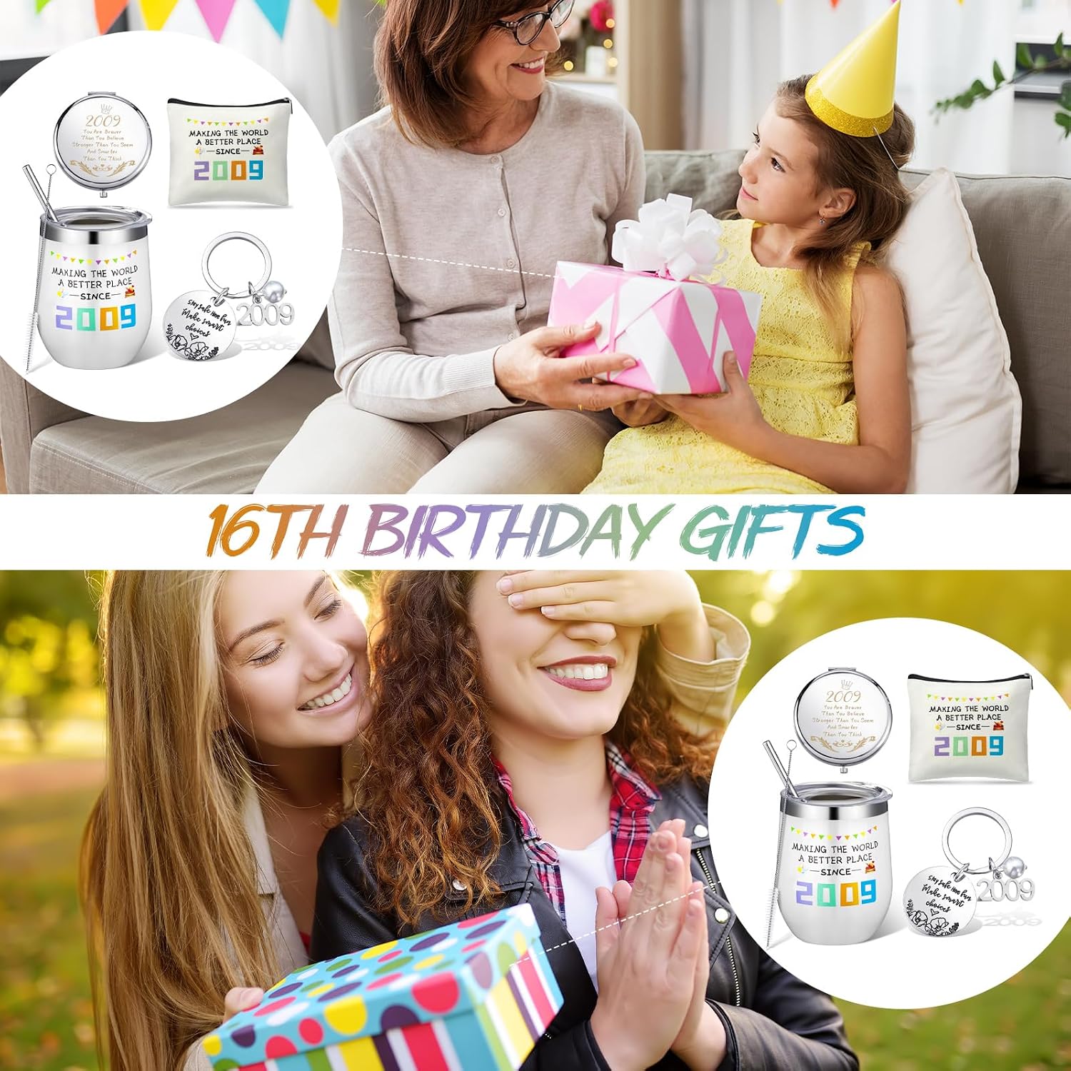 Didaey 16th Birthday Gifts Set for Girls 2010 16 Years Old Gift, Since 2010 16th Birthday Makeup Pouch Bag 12 oz Insulated Tumbler Stainless Steel Mirror Keychain for Bestie Daughter BFF