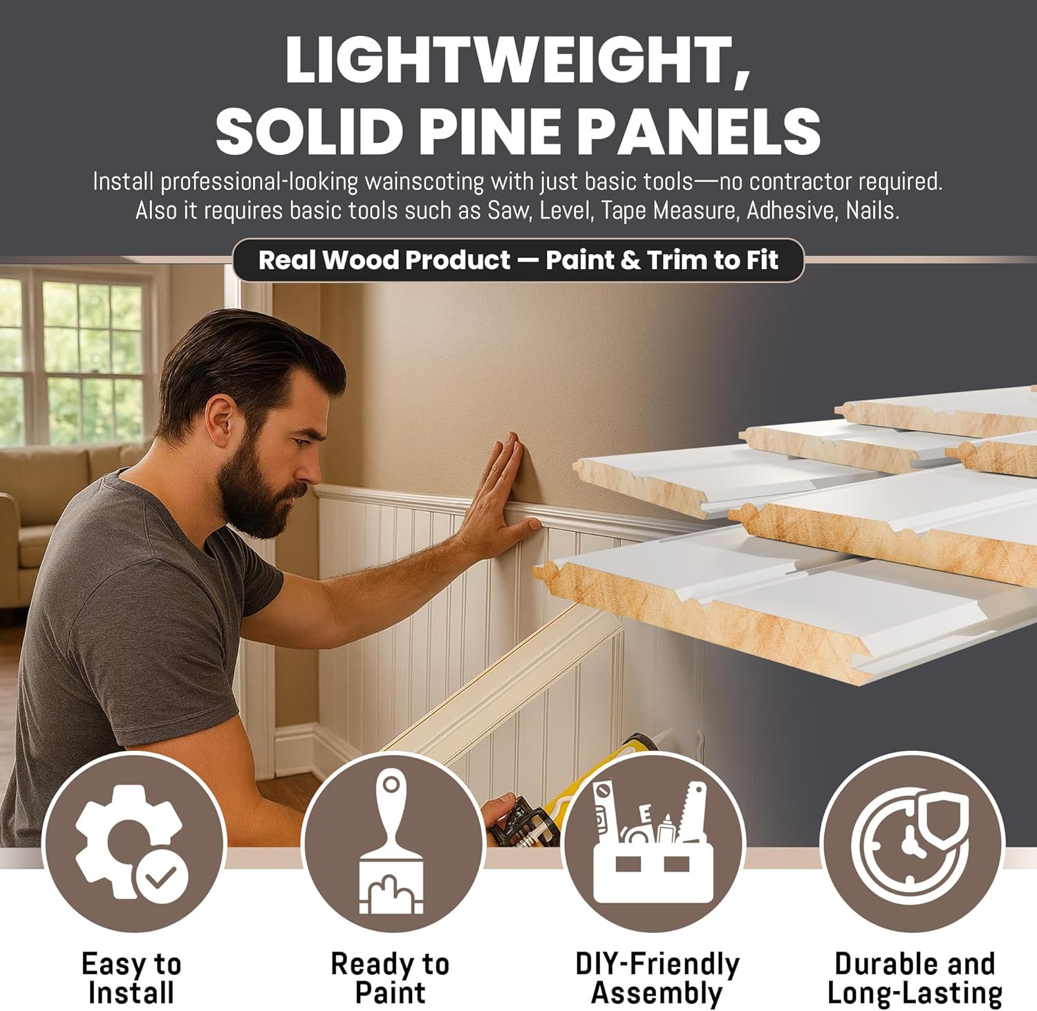 Interwood Real Wood Beadboard Wainscoting Panels - Primed Tongue and Groove Pine Solid Wood Wall Panels, 32” Tall, Knot-Free Interior Wall Paneling, Ready to Paint, 12 Planks (Covers 3.5 Lin. Ft.)