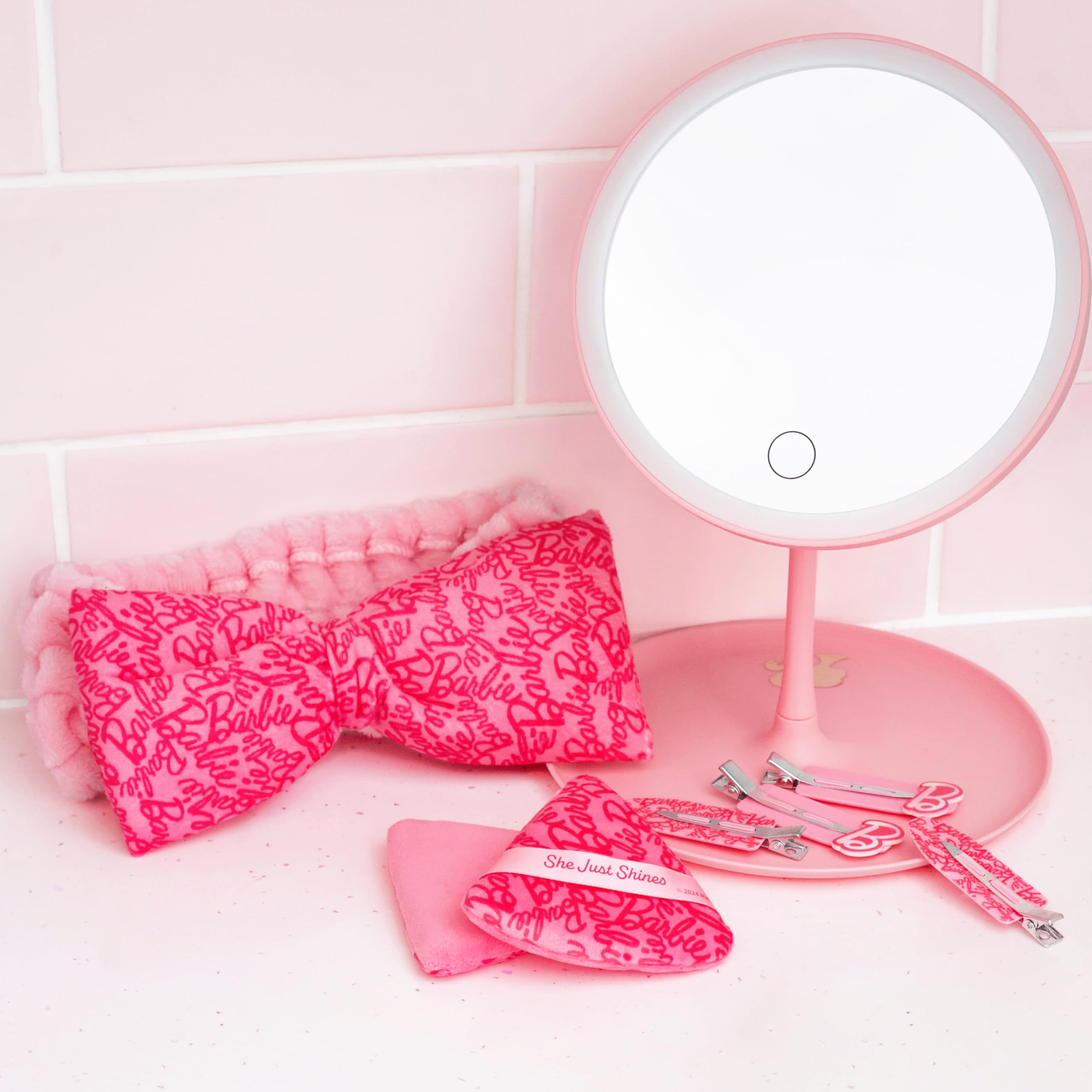 Barbie Free- Standing Light-Up Mirror - Touch Button Dimmable LED Ring Light - No Wires, Pink, 19L x 19W cm - Image 4