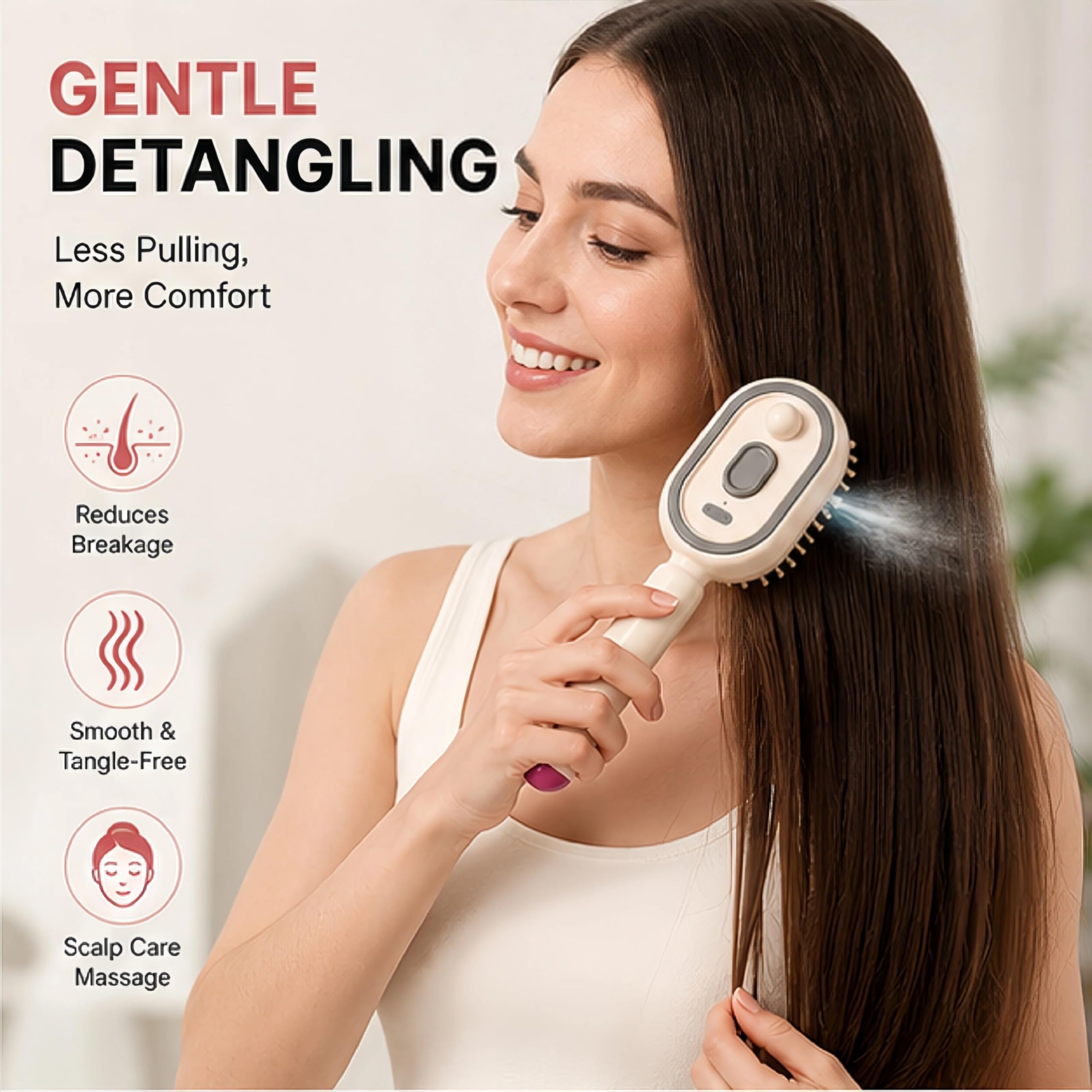 Peigne Electrique,Brosse à Vapeur éLectrique Fer à Lisser à Vapeur Rechargeable Avec Spray Peigne DéMêLant Antistatique Massage à Coussin D'Air Outil de Coiffure Portable Sans Fil，Rose
