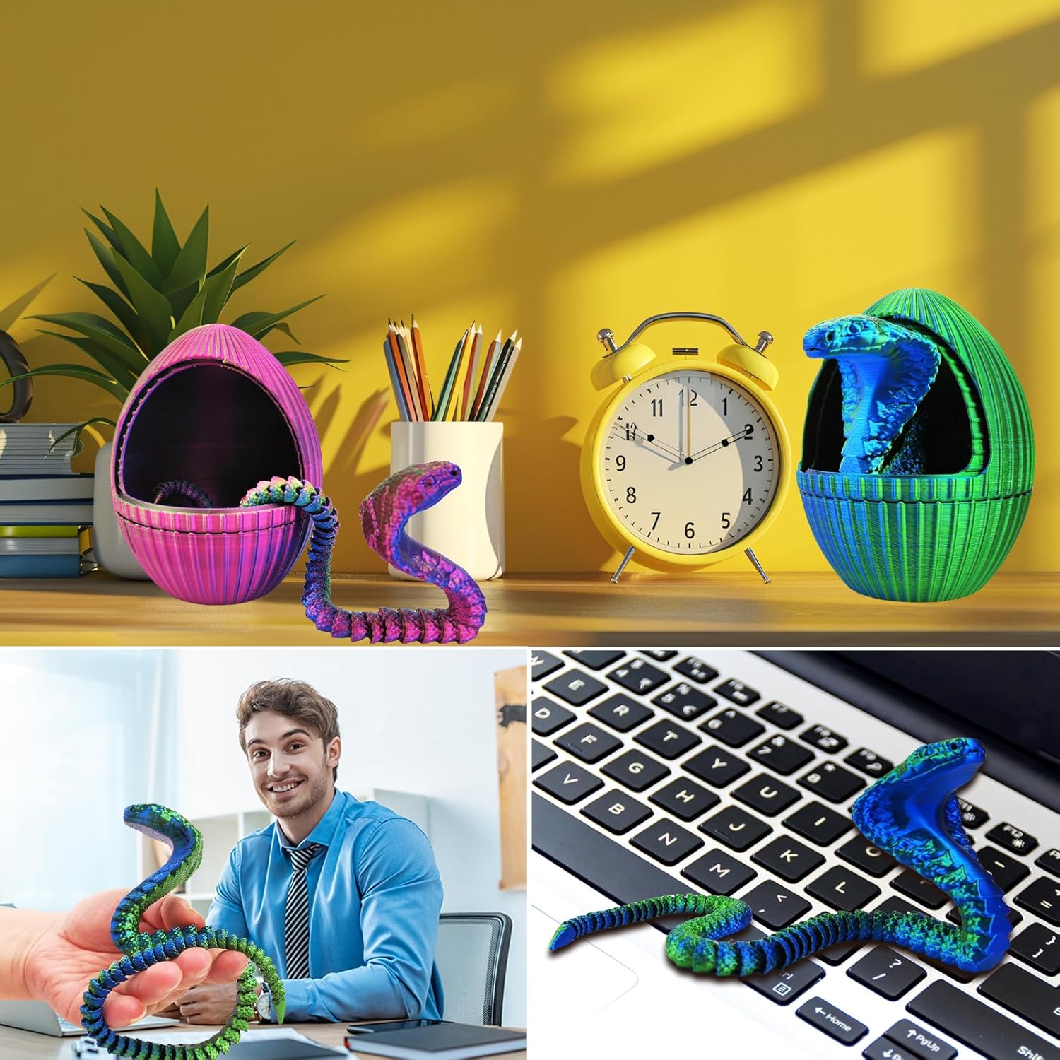 3D Printed Snake Eggs with 3D Printed Snake Inside, Cute Rotary Gear Eggs with 3D Printed Crystal Fidget Snake Animals Inside, Home Office Decor Executive Desk Crystal Cobra Toys（Blue Green