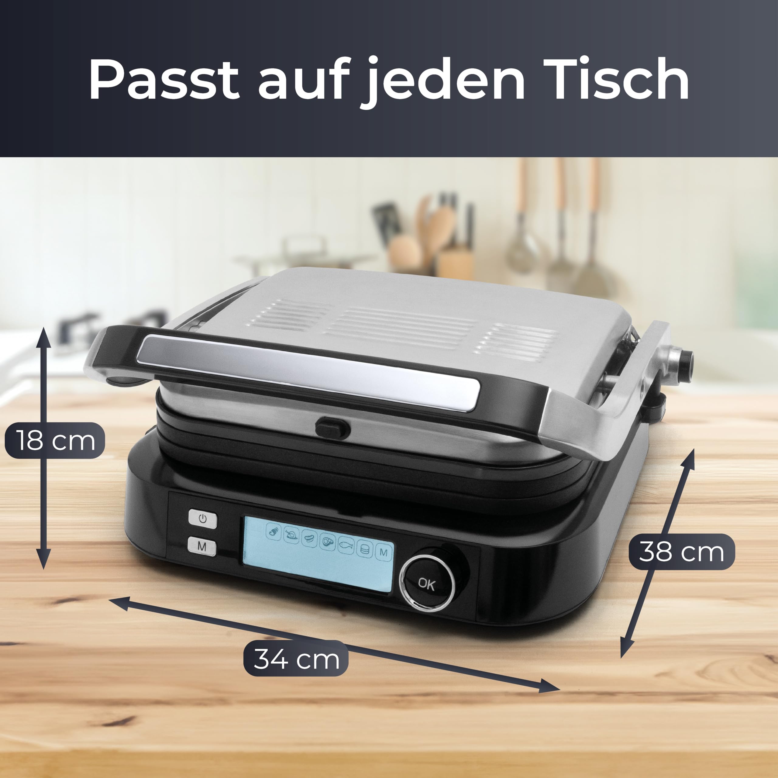 KLAMER Kontaktgrill 2100 W – elektrischer Tischgrill mit 7 Automatikprogrammen, abnehmbaren Platten, Antihaftbeschichtung, einstellbarer Temperatur 70–230 °C, Cool-Touch-Griff, Edelstahl & Schwarz