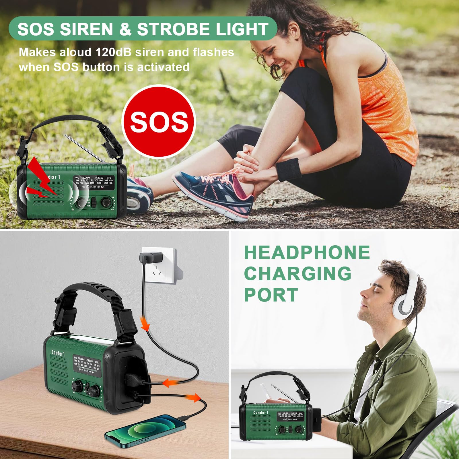 Radio solaire d'urgence 20 000 mAh avec manivelle, radio météo NOAA et chargeur USB – Banque d'alimentation portable, lampe de poche LED, alarme SOS (vert kaki)
