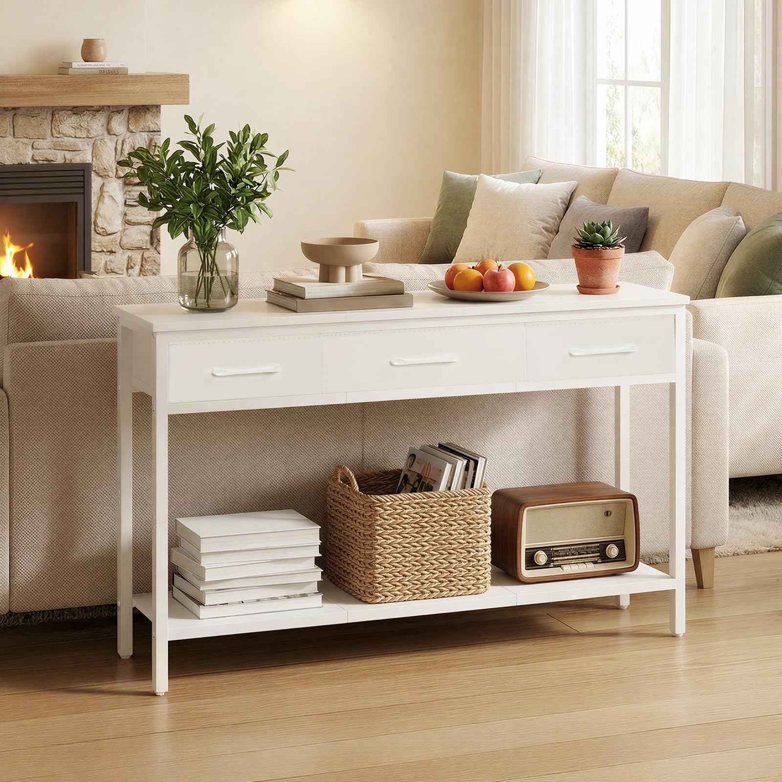 MAHANCRIS Konsolentisch, Beistelltisch, Flurtisch mit 3 Schublade und Ablage, 97 x 24 x 74 cm, Schmaler Eingangstisch für Flur, Wohnzimmer, Schlafzimmer, Weiß ACTWT3301