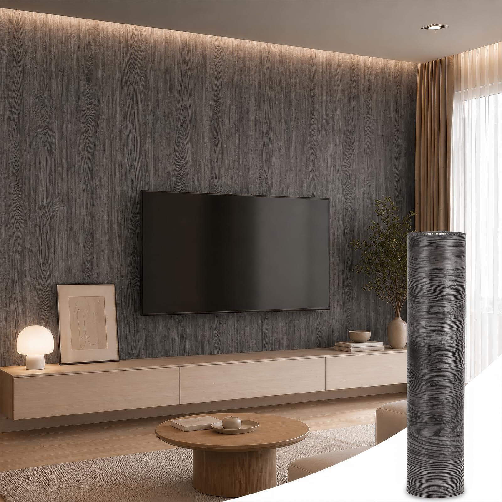Zevrang Self Adhesive Wallpaper, Sticky Back Plastic Roll 40x300cm, Wood Effect Vinyl Wrap, Waterproof Removable Peel and Stick Wallpaper for Kitchen Bedroom Wall Wardrobe (Dark Gray (Wood Grain))