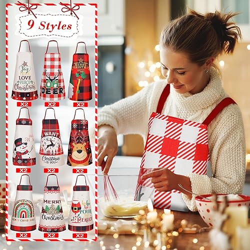 Miniatura 2 de Suhine 18 delantales de cocina de Navidad, delantal de cocina para fiesta de Navidad, delantal de búfalo rojo y negro, delantal de decoración de
