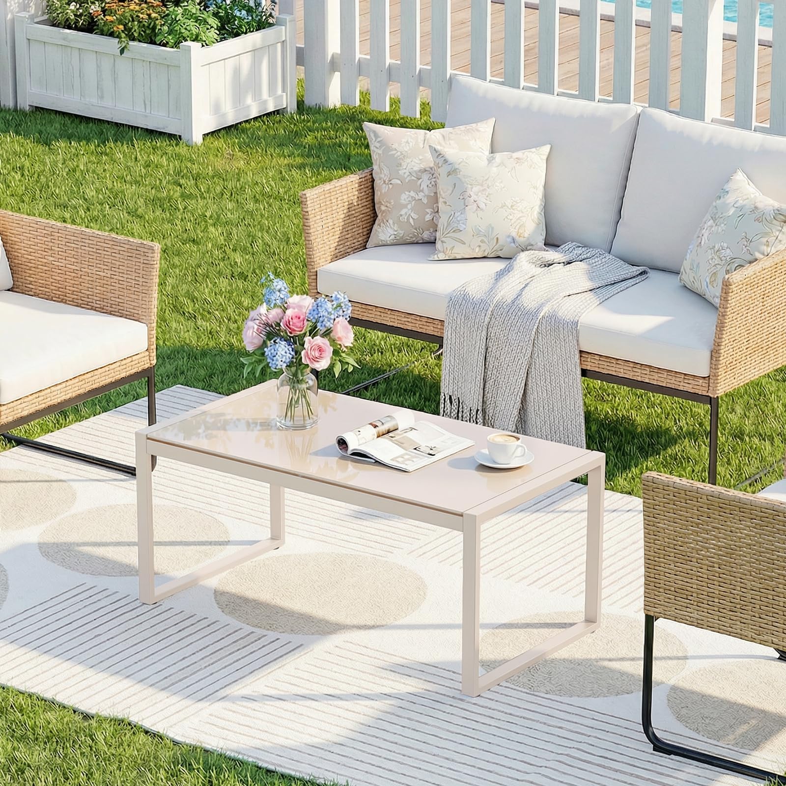 Rectangle Coffee Table with Tempered Glass Desktop, Galvanized Frame Outdoor Coffee Table with Adjustable Feet for Patio, Balcony, Deck, Living Room, Sand