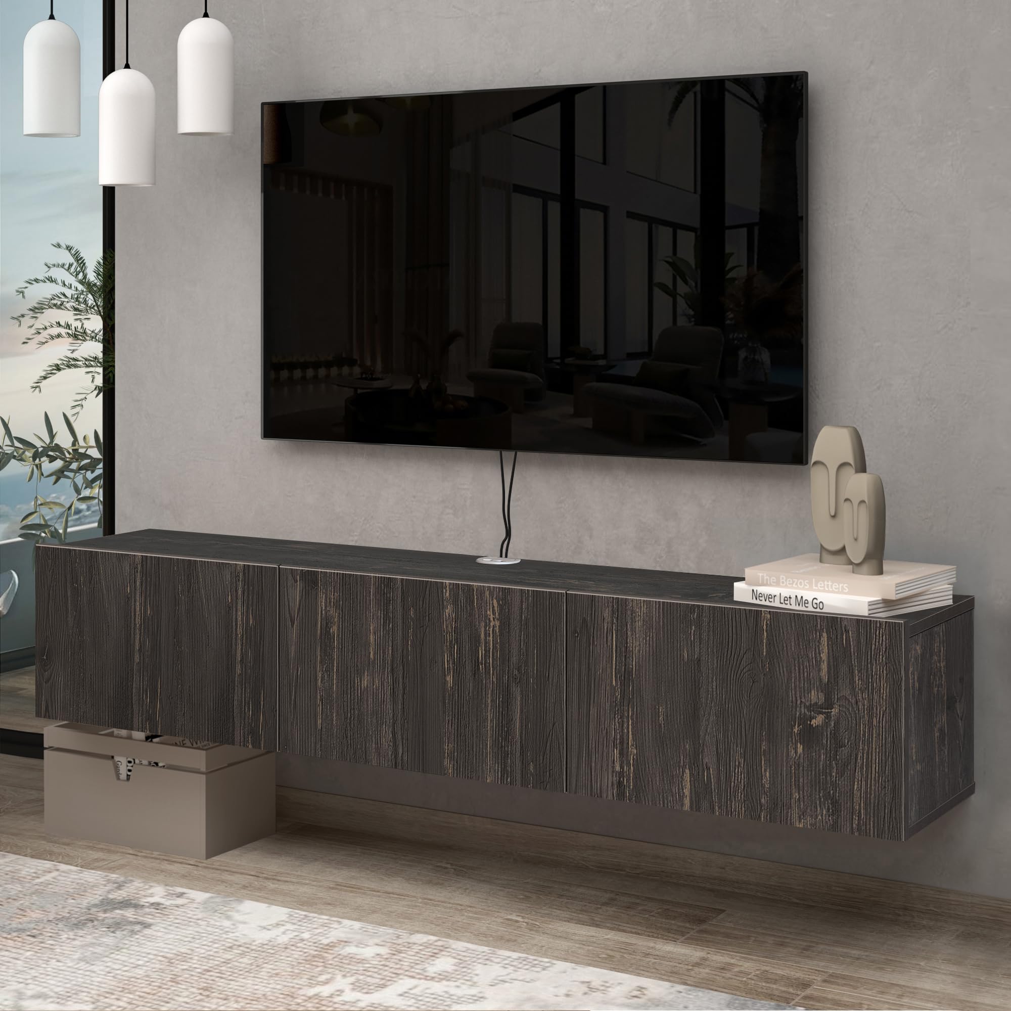 Atelier Mobili Black Floating TV Stand, TV Stand 65 Inch, Floating Entertainment Center for 80 inch TV, Black TV Cabinet, Floating TV Shelf Under TV, Media Console