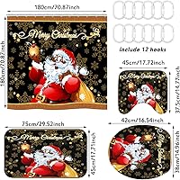 Vista 2 de Peryiter - Juego de cortinas de ducha de Navidad, Papá Noel negro, con tapetes antideslizantes, cubierta para tapa de inodoro, tapete de baño y 12