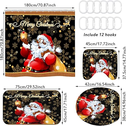 Miniatura 2 de Peryiter Juego de cortinas de ducha de Papá Noel negro con alfombras antideslizantes, cubierta de tapa de inodoro y 12 ganchos, decoración de baño